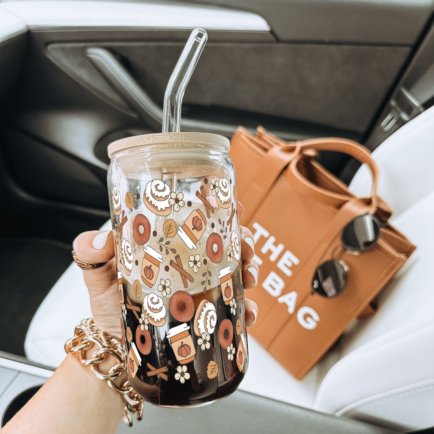 Cinnamon Buns + Pumpkin Spice 16oz Glass Can Cup With Lid and Straw