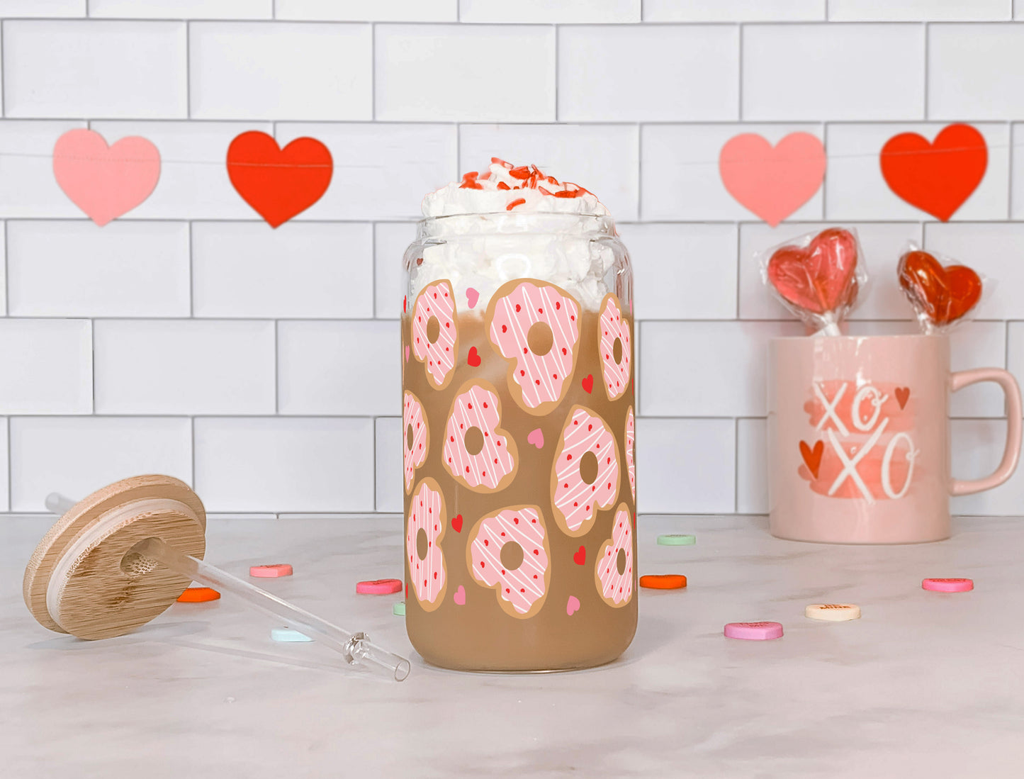 Valentine's Day Donut Hearts Glass Can Cup with Lid and Straw