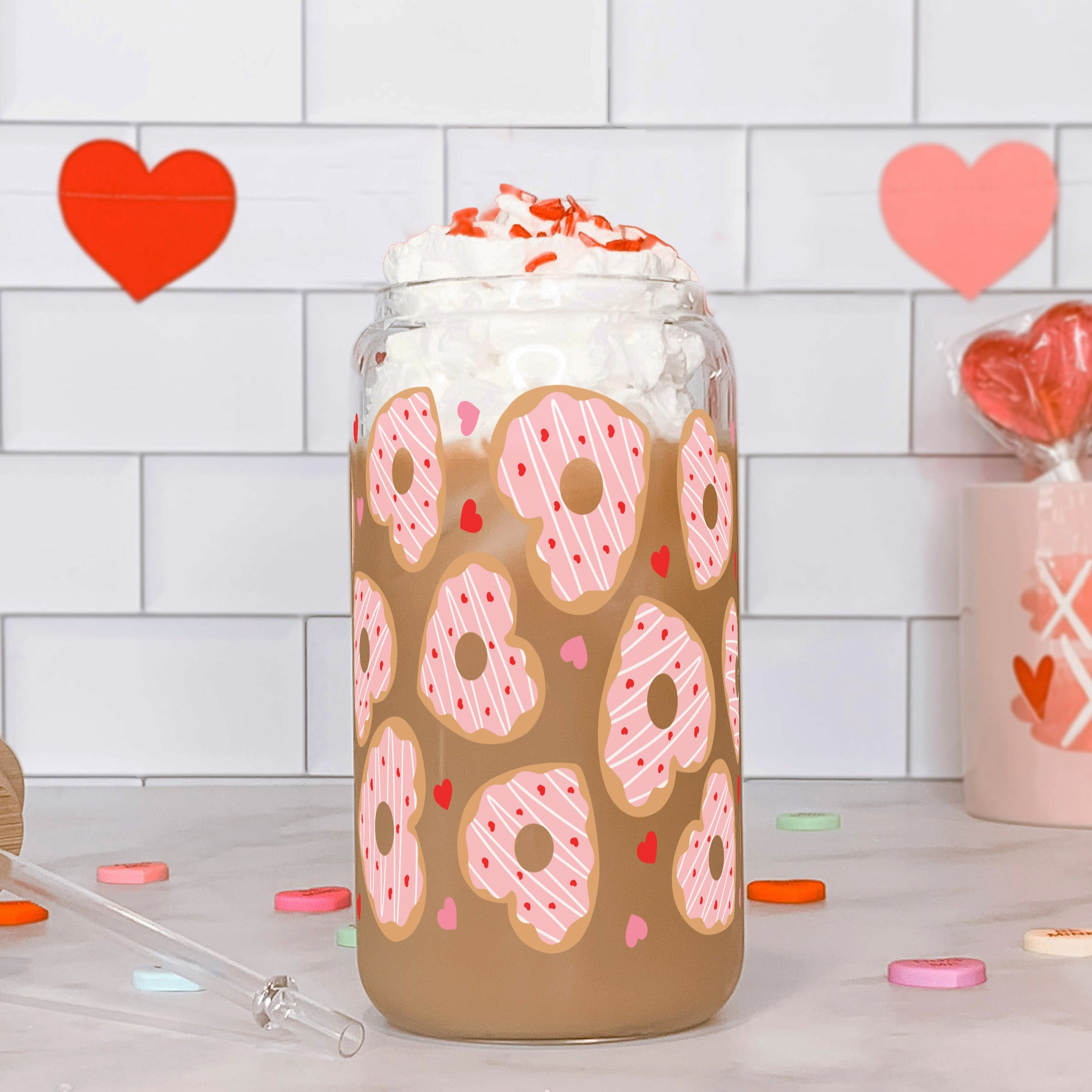 Donut Hearts Glass Can Cup with Lid and Straw