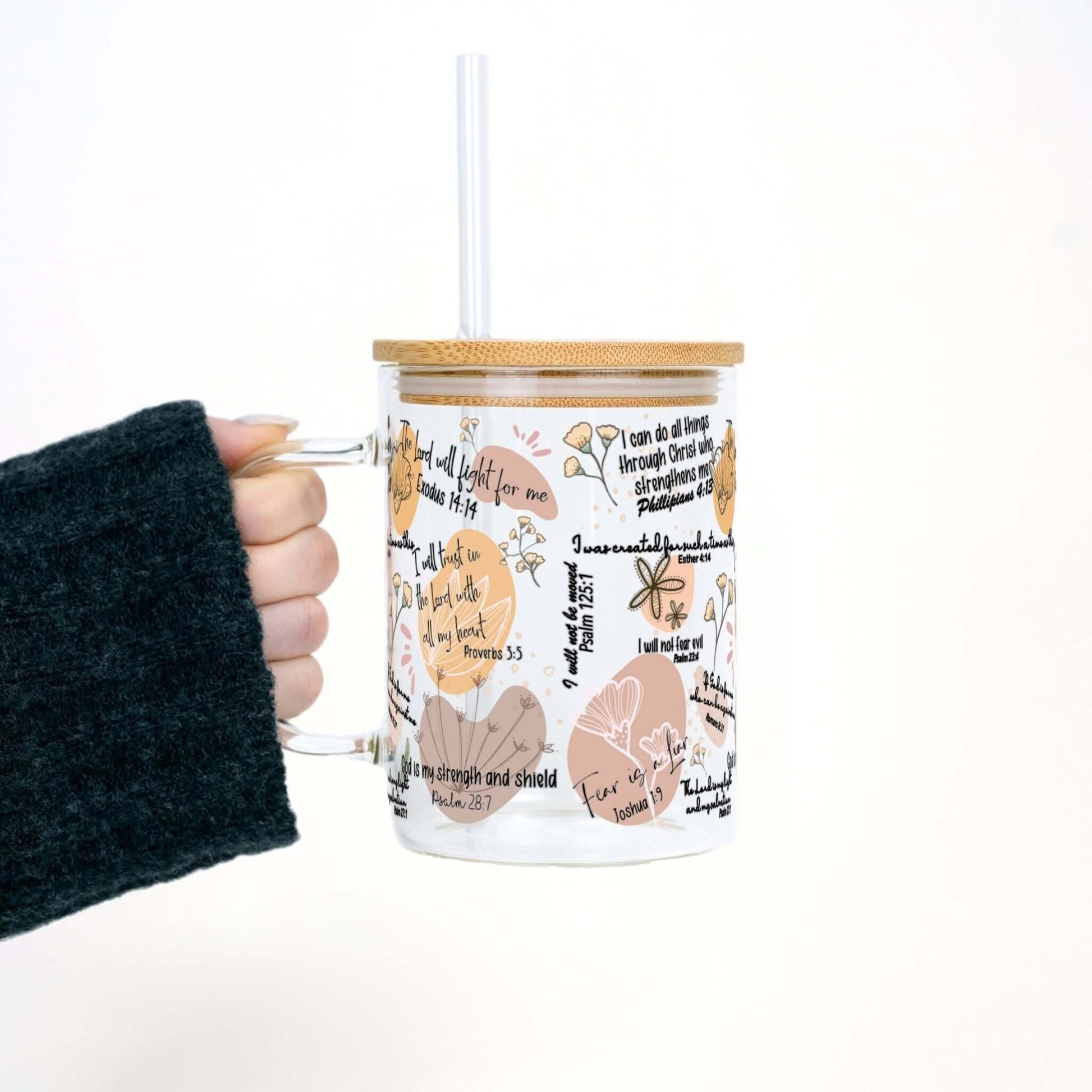 Christian Affirmations + Bible Verses 17oz Glass Mug with Lid and Straw from Sip Sip Hooray – Drinkware