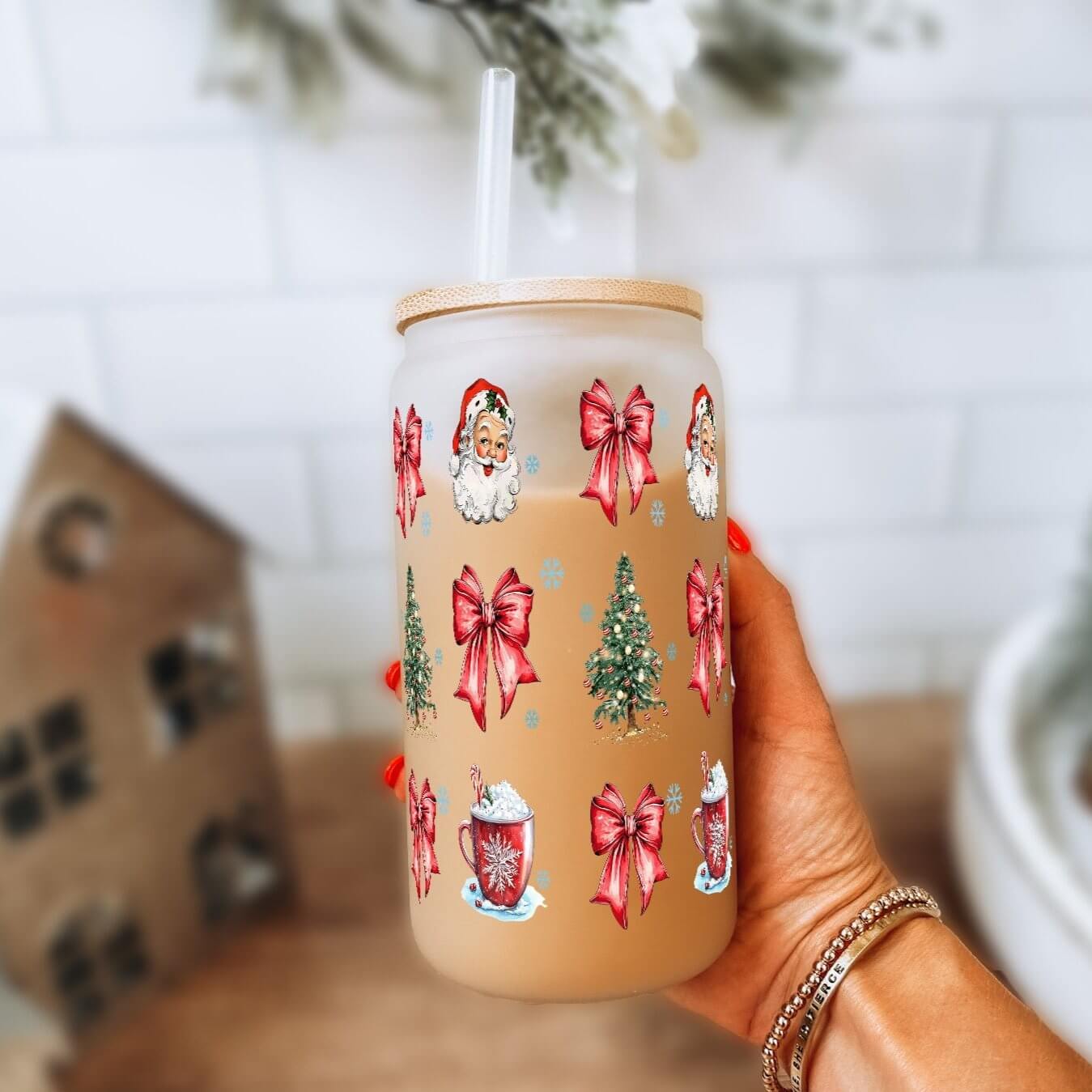 Christmas Bow Clause Cup With Lid and Straw