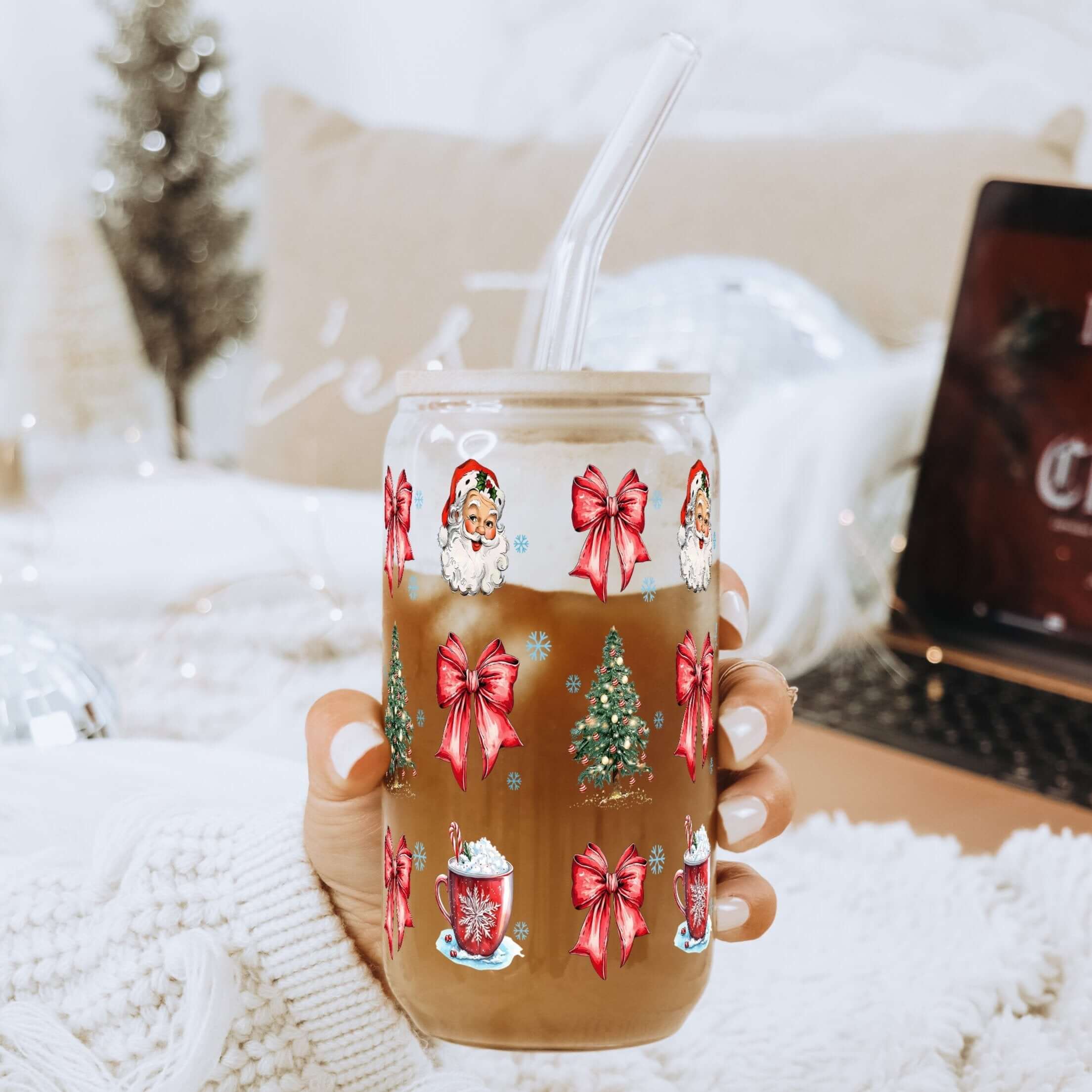 Christmas Bow Clause Cup With Lid and Straw