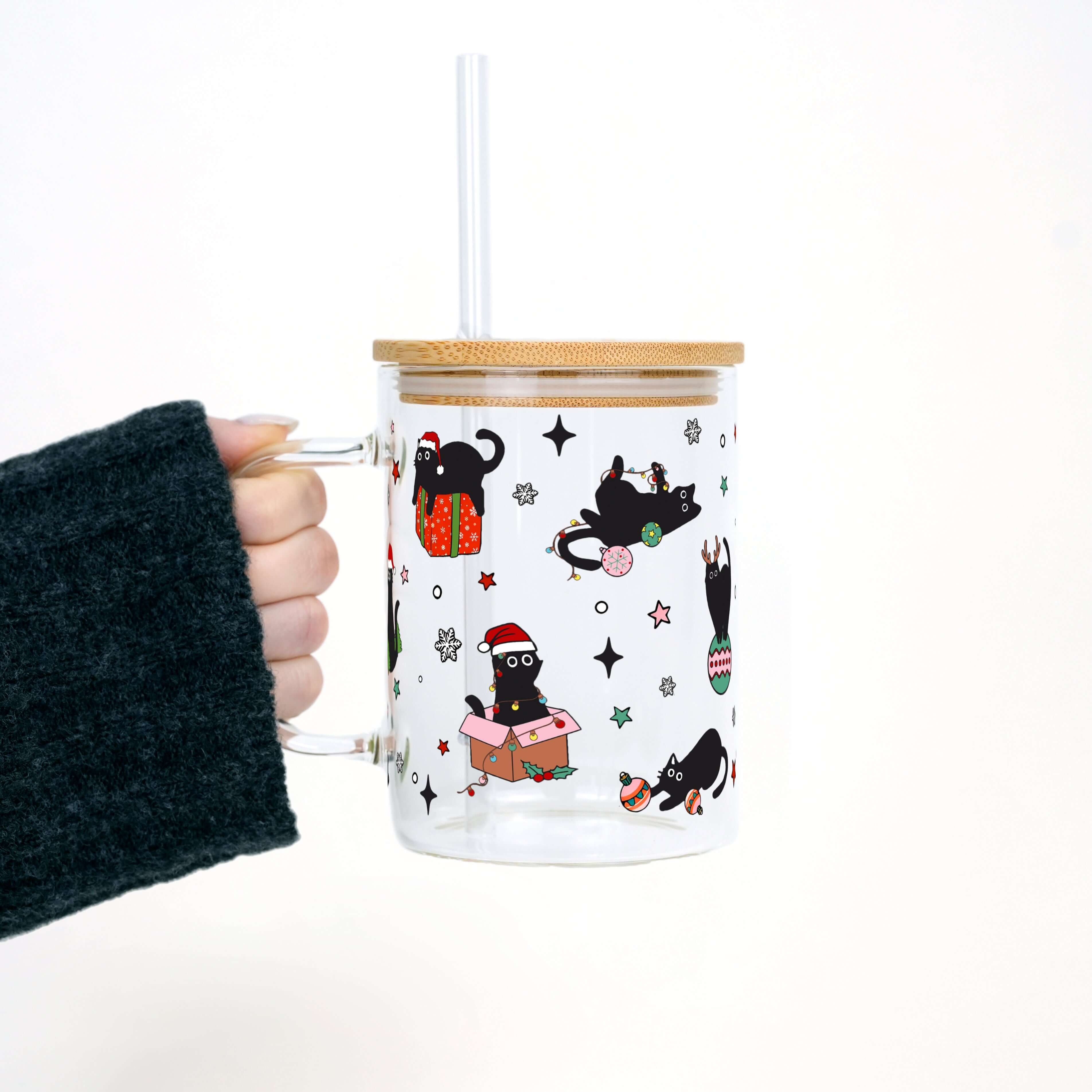 Christmas Cats 17oz Glass Mug With Lid and Straw
