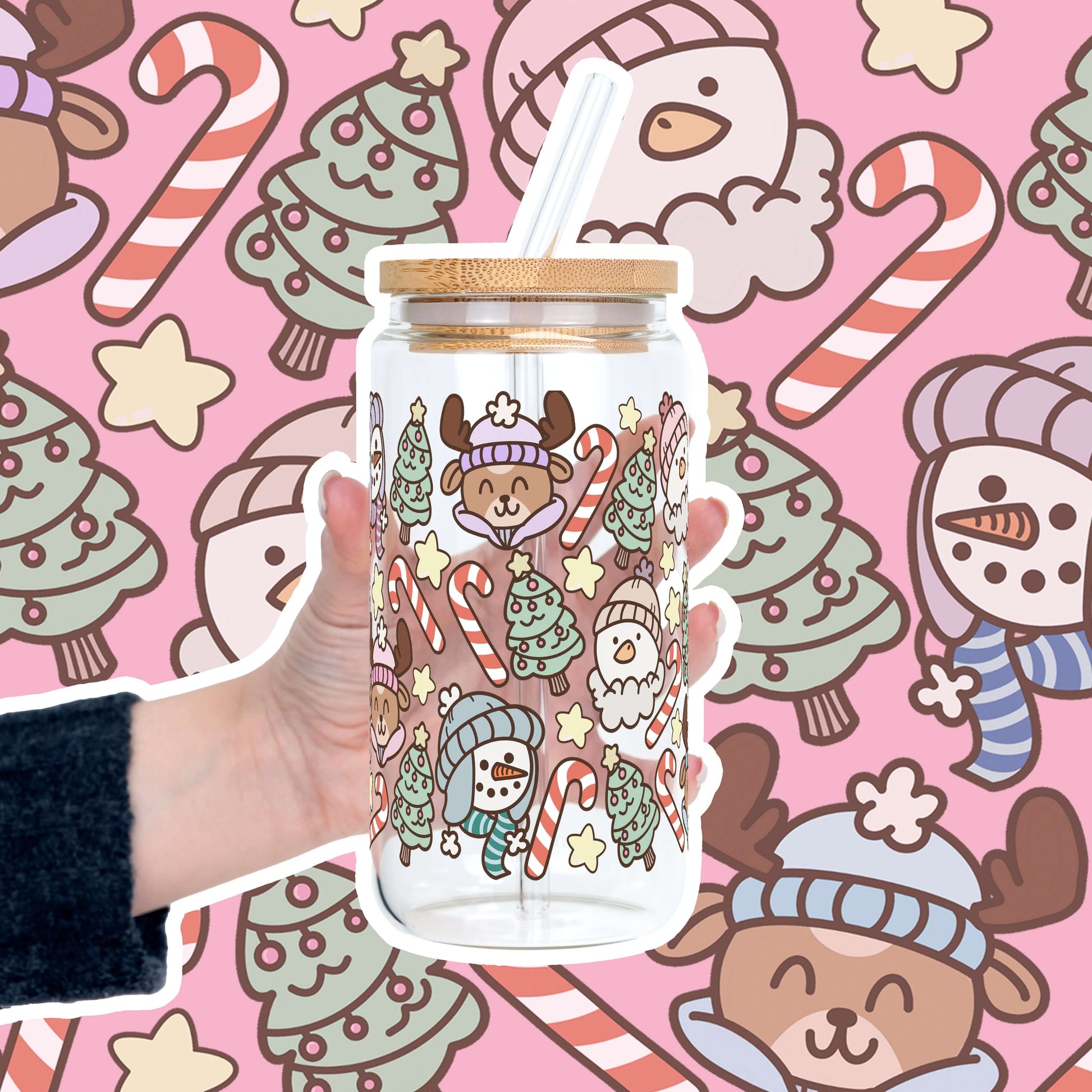 Christmas Cuties 16oz Glass Can Cup with Lid & Straw | Sip Sip Hooray