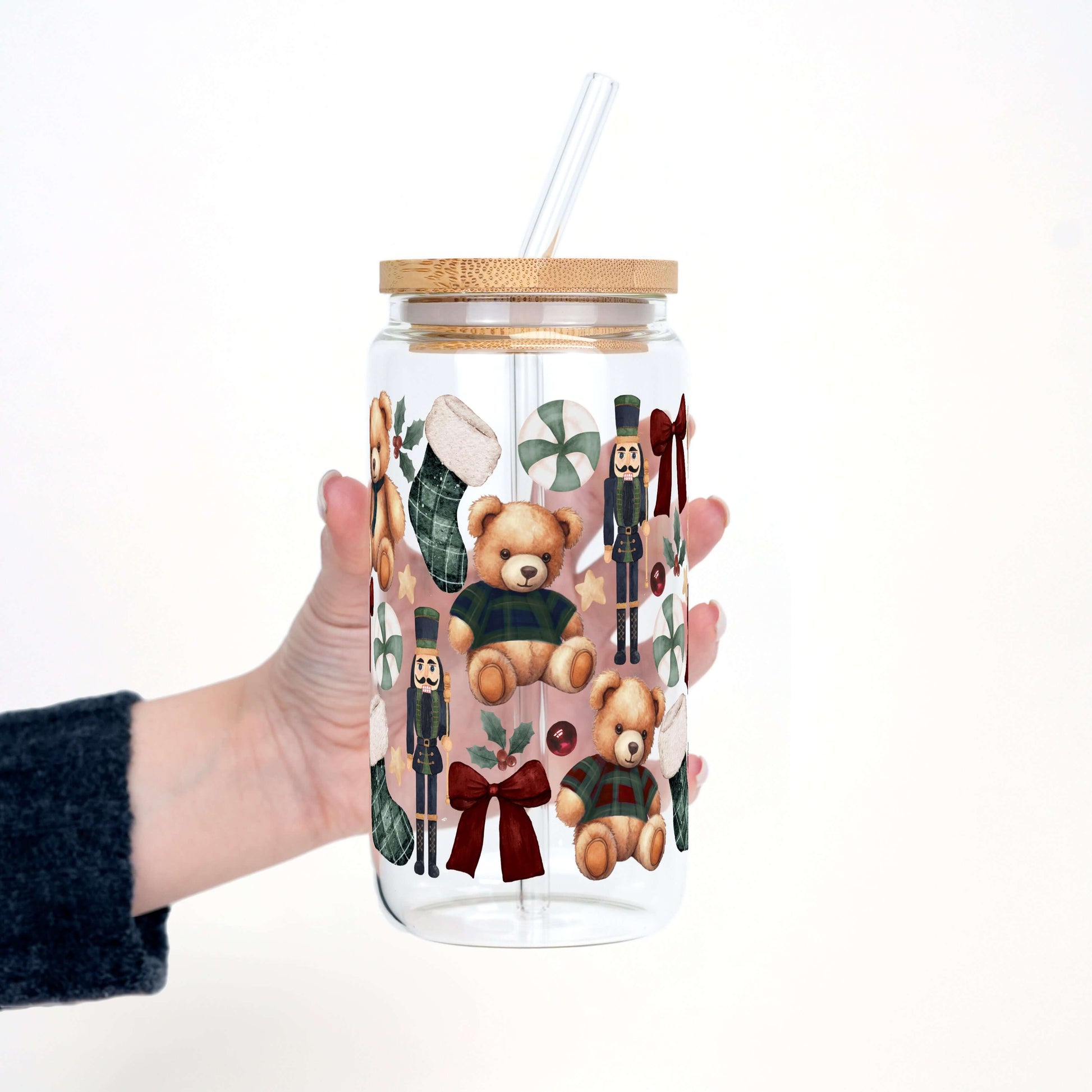 Plaid Teddy Christmas 16oz Glass Can Cup with Lid & Straw | Sip Sip Hooray