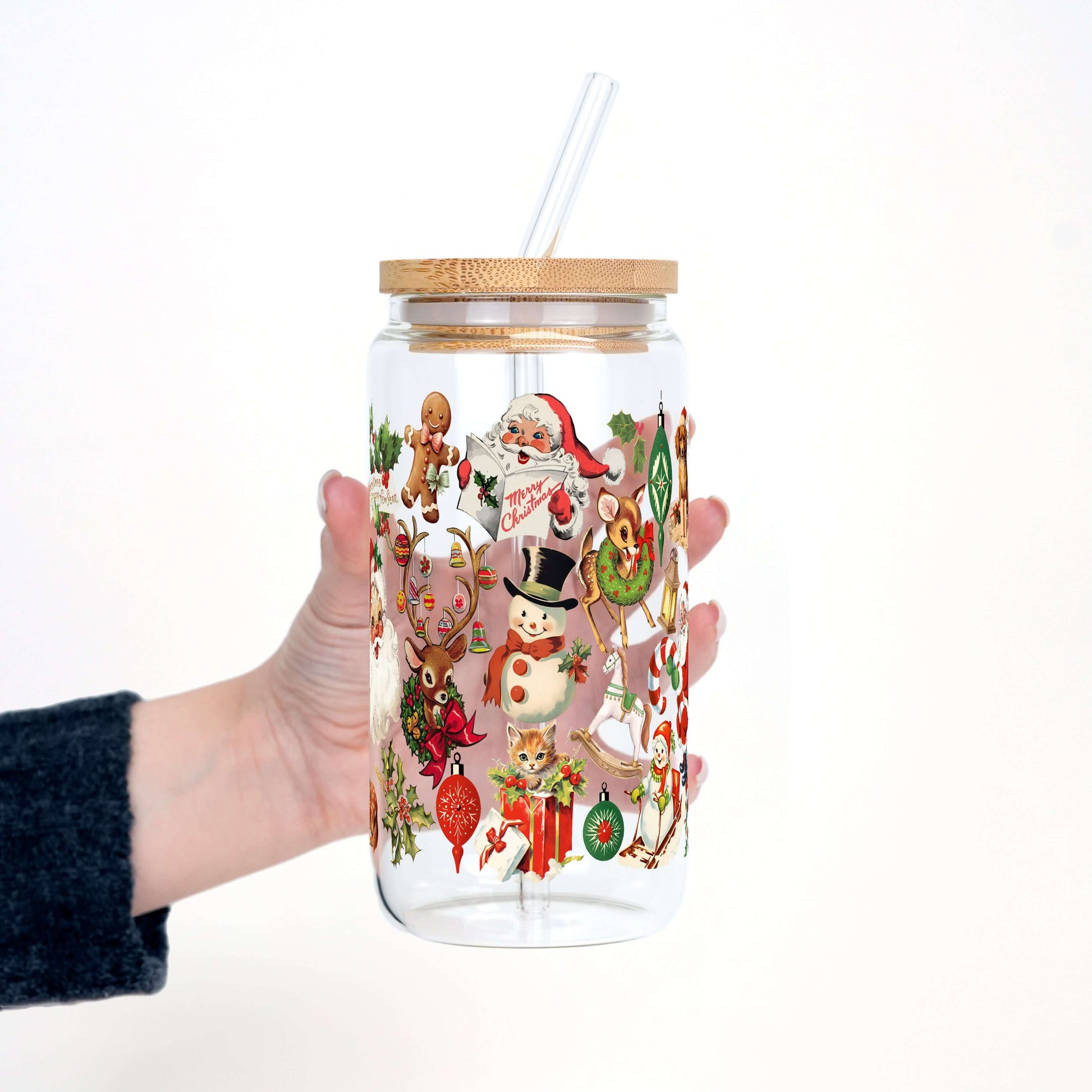Nostalgic Christmas 16oz Glass Can Cup with Lid & Straw | Sip Sip Hooray