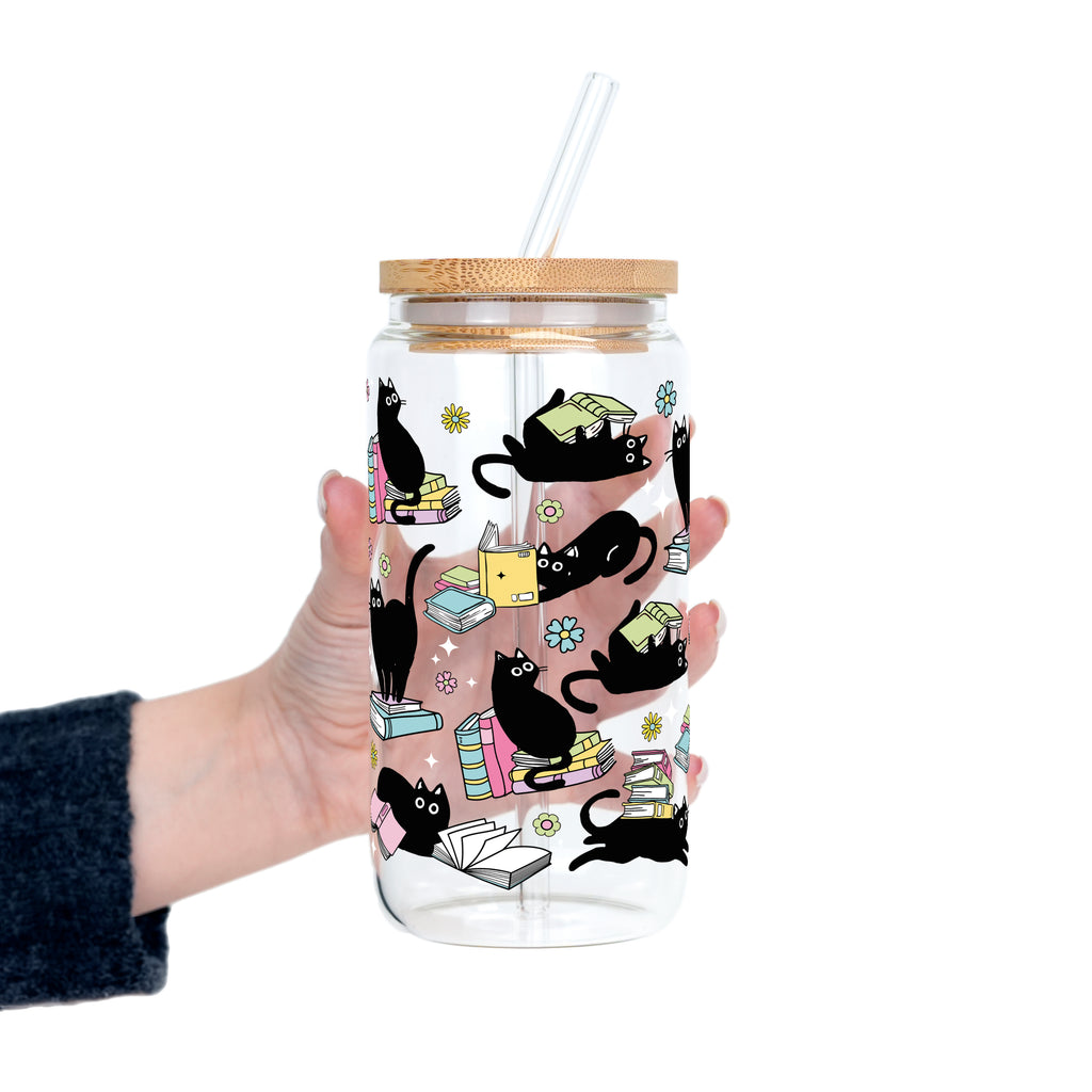 Black Cats on Books Glass Cup, Mug & Tumbler with Lid and Straw