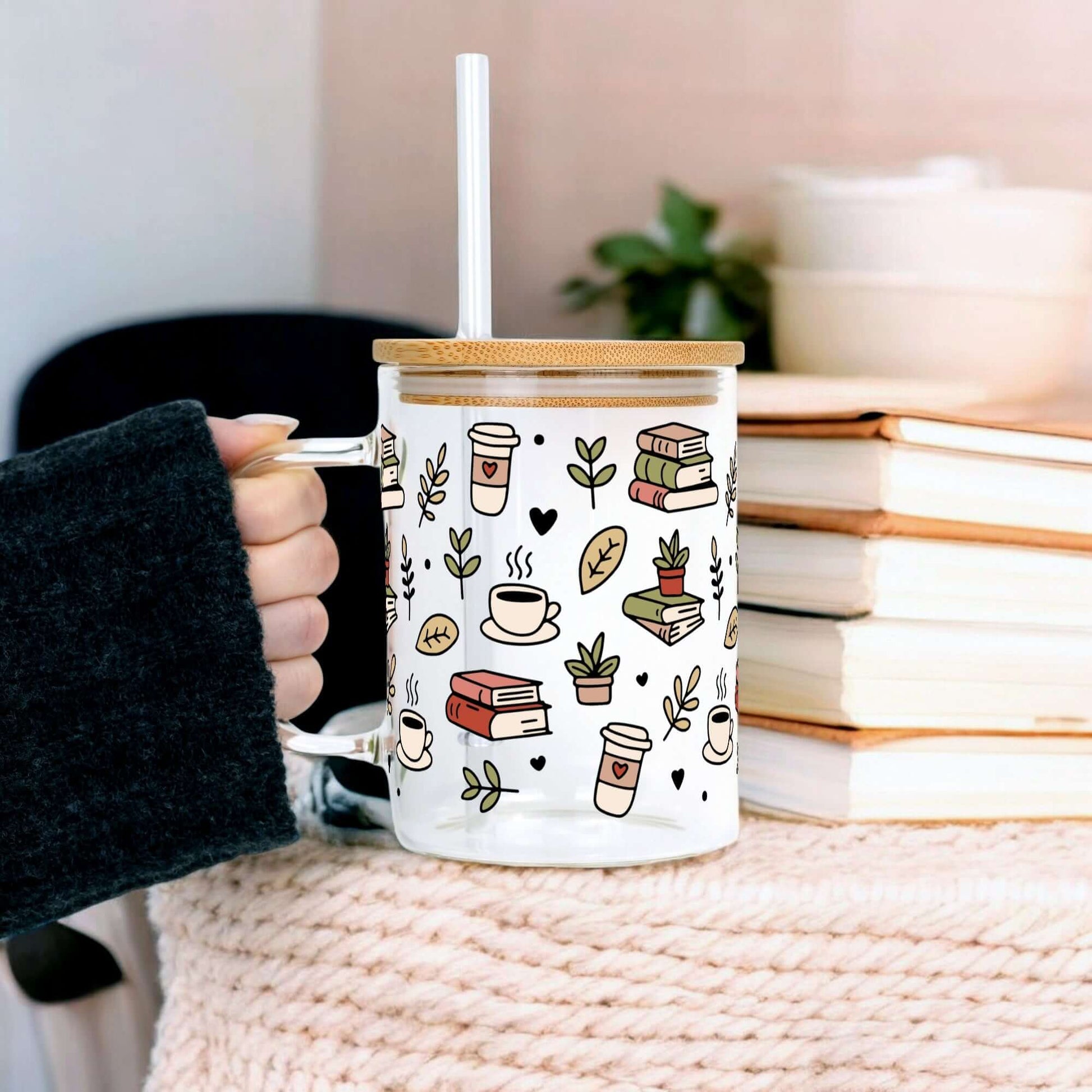 Coffee + Books 17oz Glass Mug with Lid and Straw from Sip Sip Hooray – Drinkware