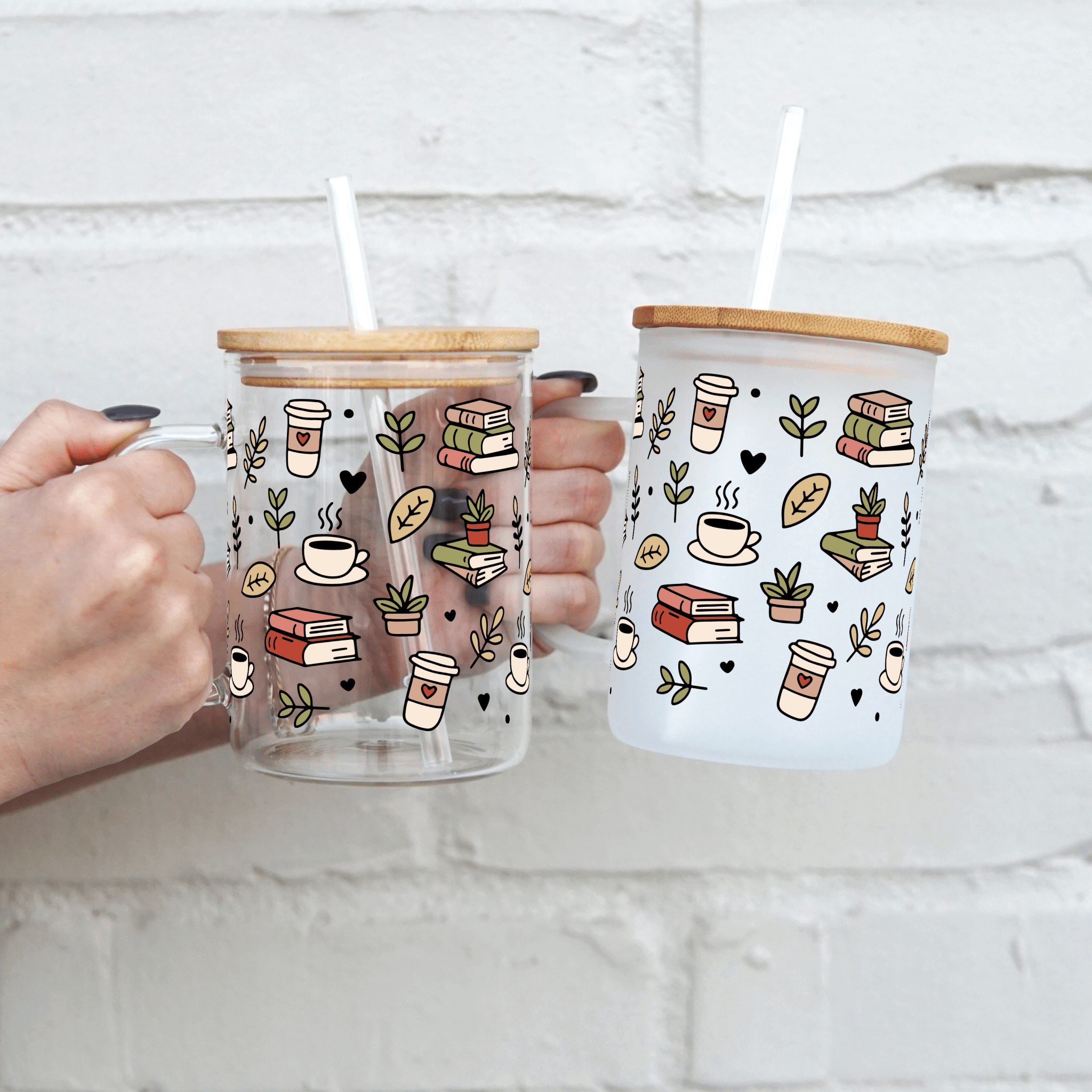 Coffee + Books 17oz Glass Mug with Lid and Straw