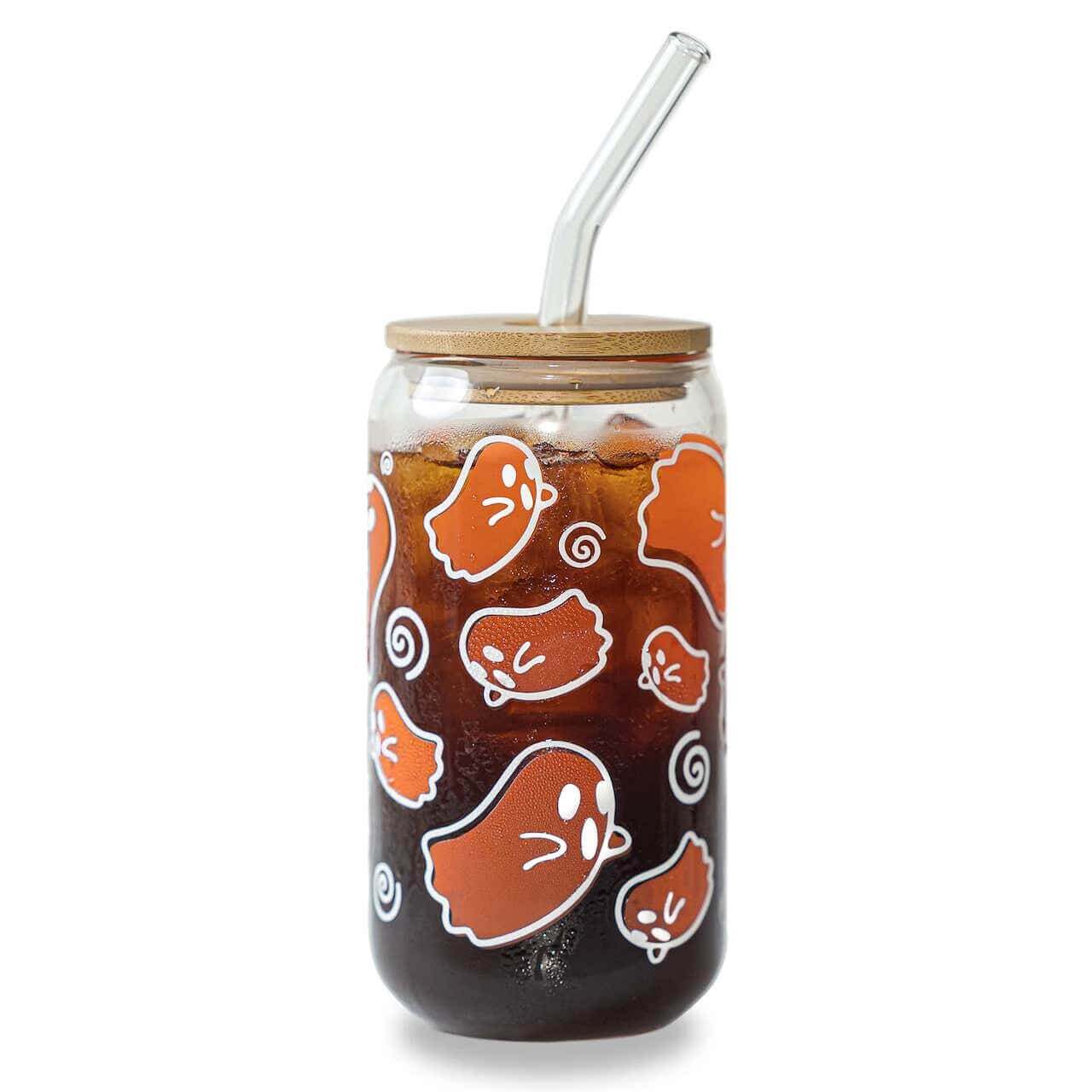 Color Changing Halloween Ghosts 16oz Glass Can With Lid and Straw