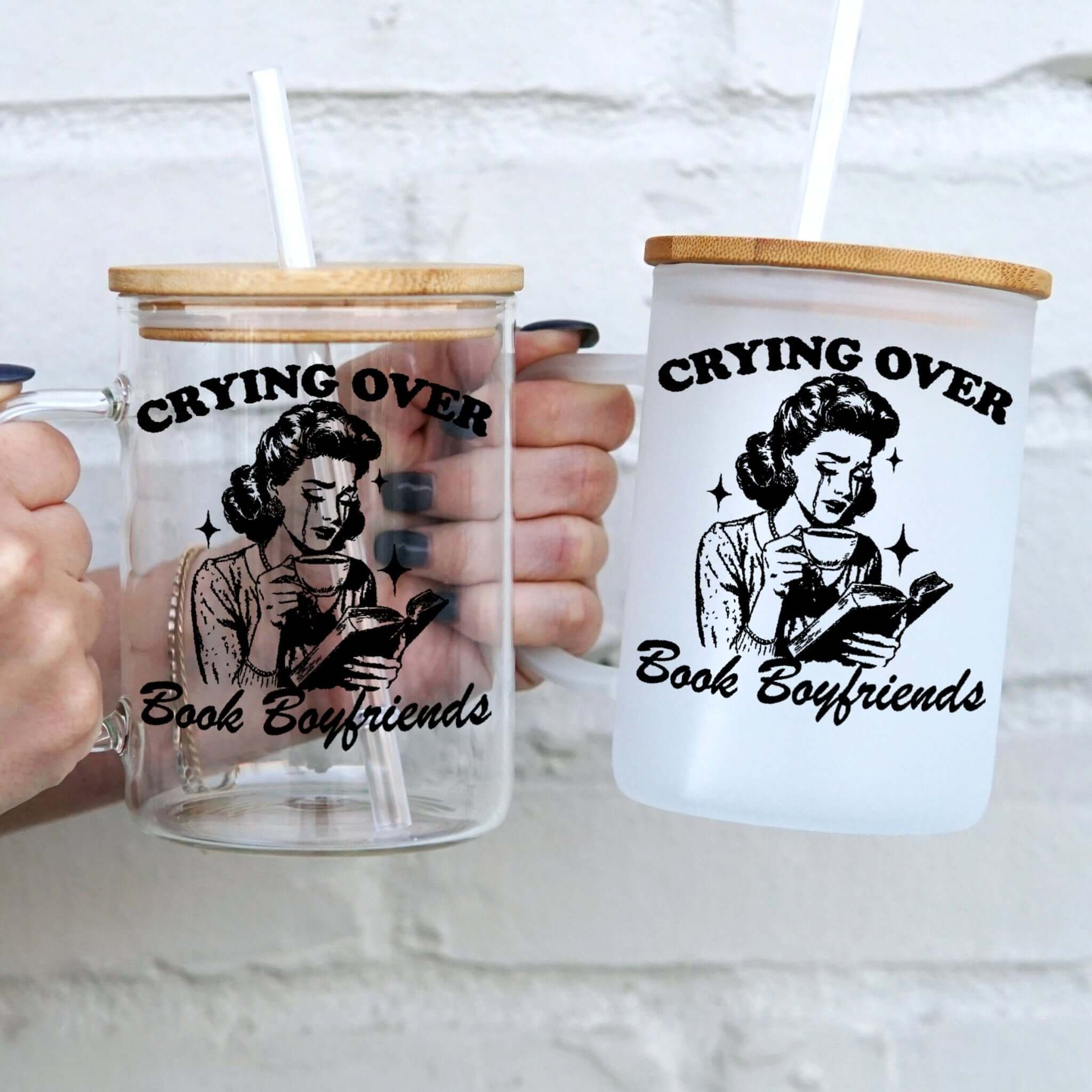 Crying Over Book Boyfriends 17oz Glass Mug With Lid and Straw from Sip Sip Hooray – Drinkware