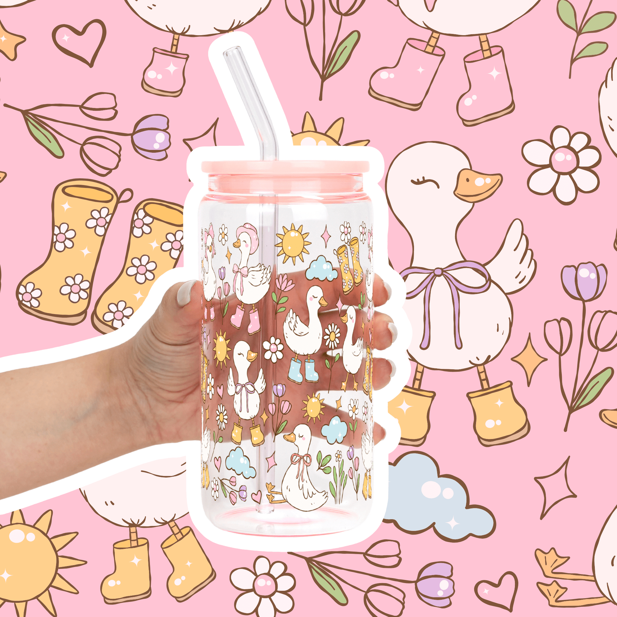Cutie Cottage-Core Spring Goose Cup With Lid and Straw