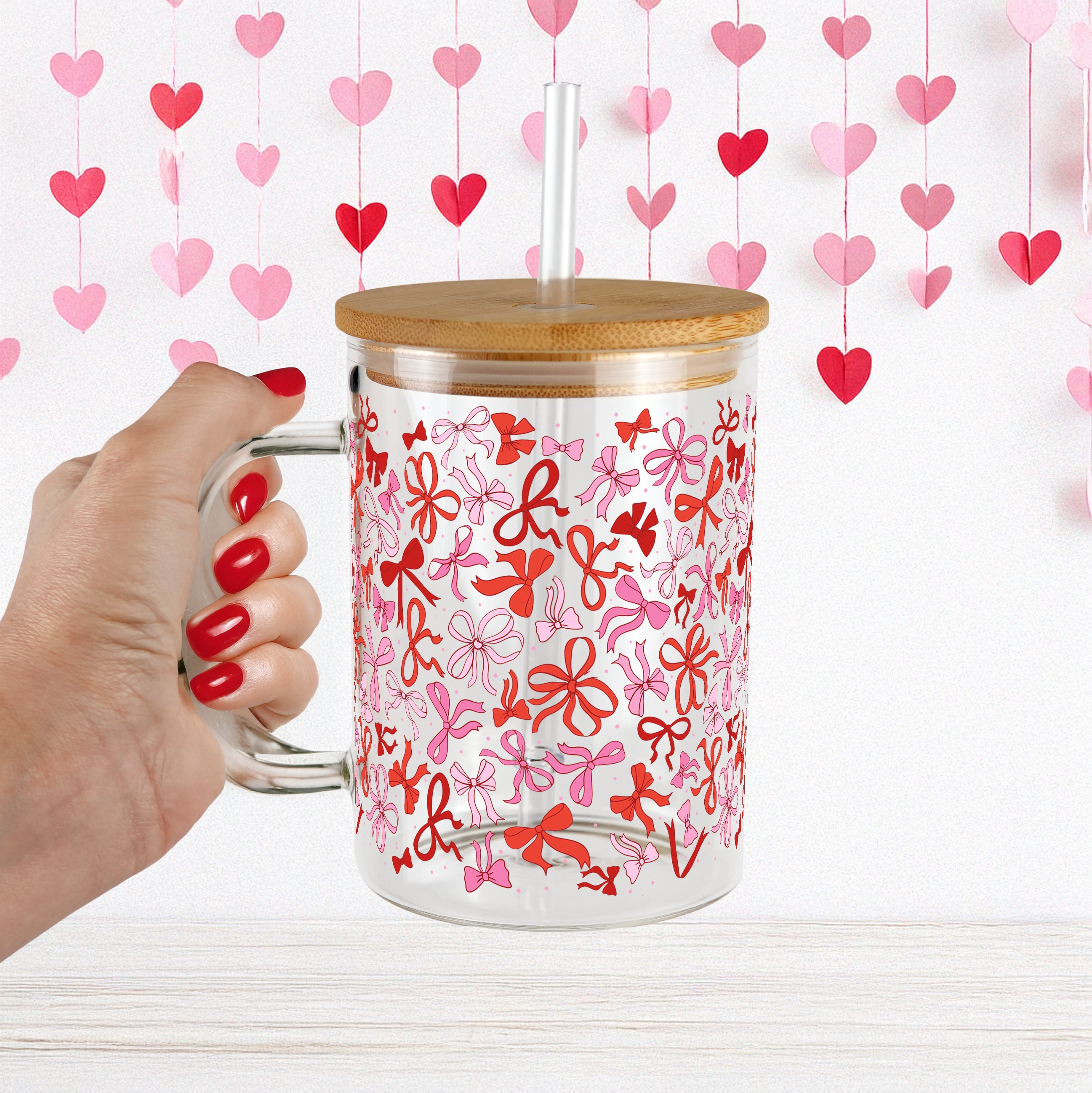 Coquette Valentine 17oz Glass Mug With Lid and Straw