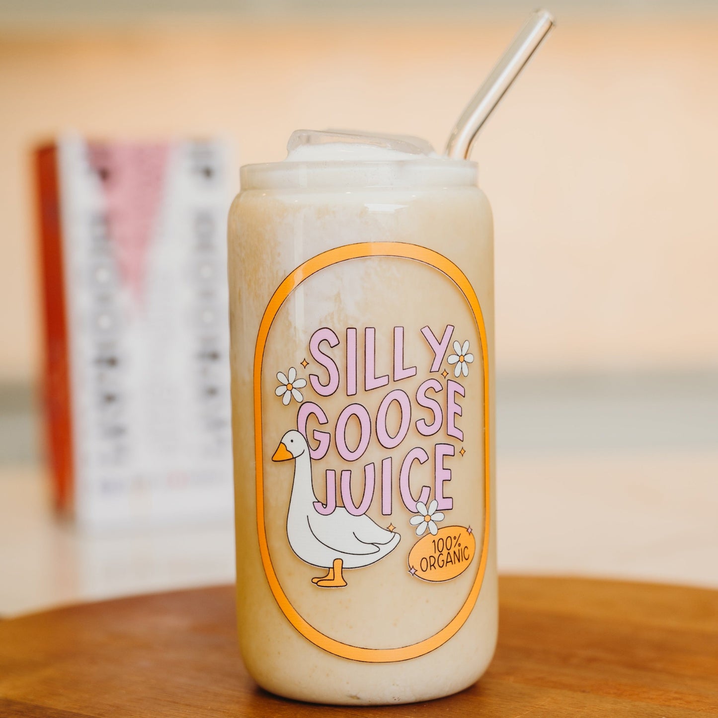 Silly Goose Juice 16oz Glass Can Cup With Lid and Straw