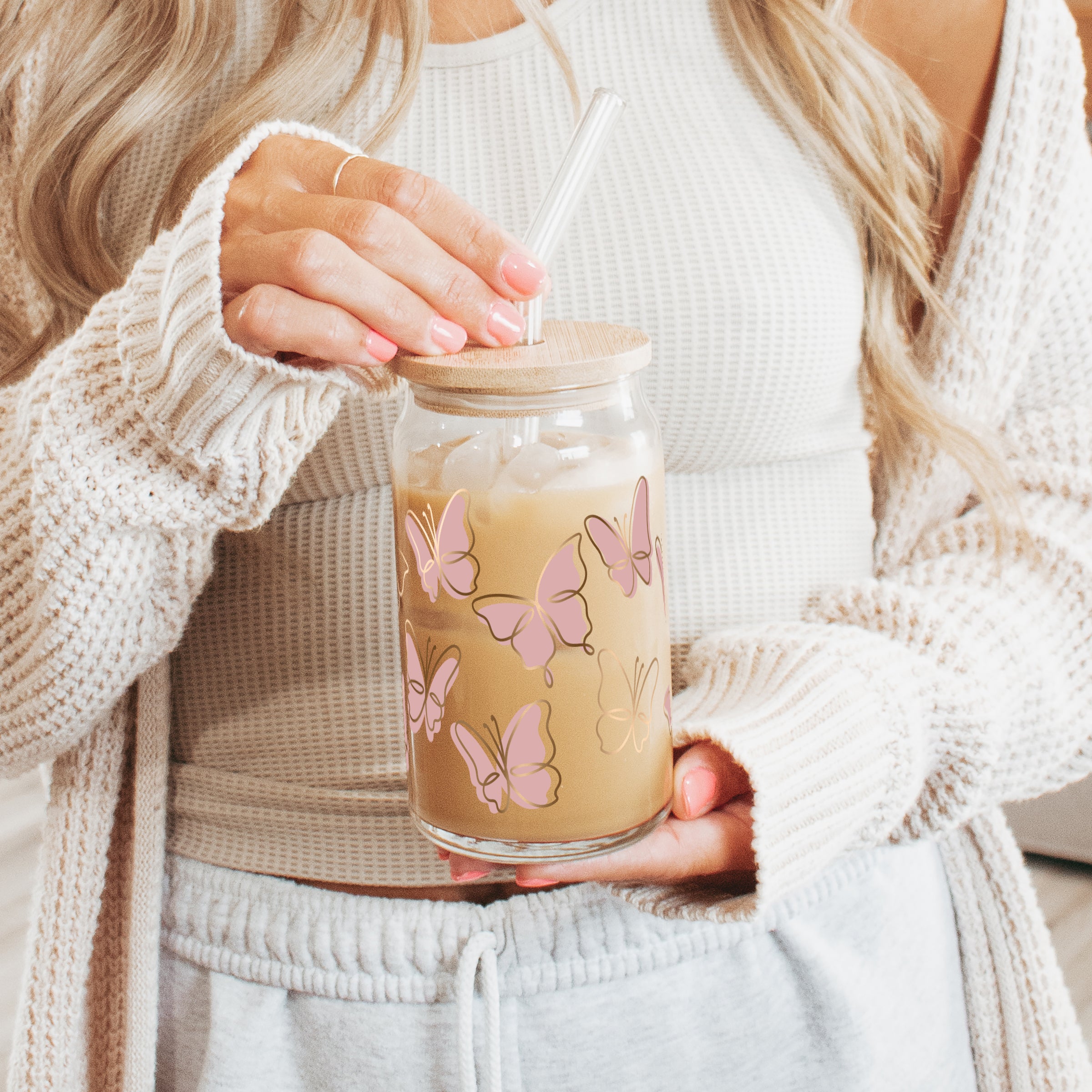 Pink Butterflies Glass Can Cup With Lid and Straw