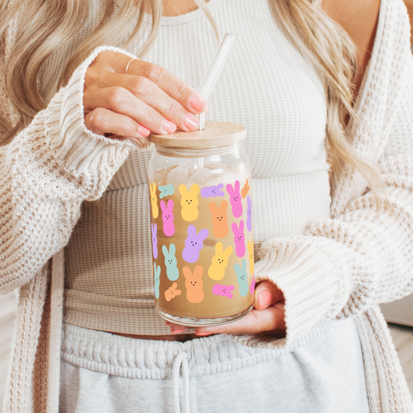 Peep Easter Bunnies 16oz Glass Can Cup With Lid and Straw