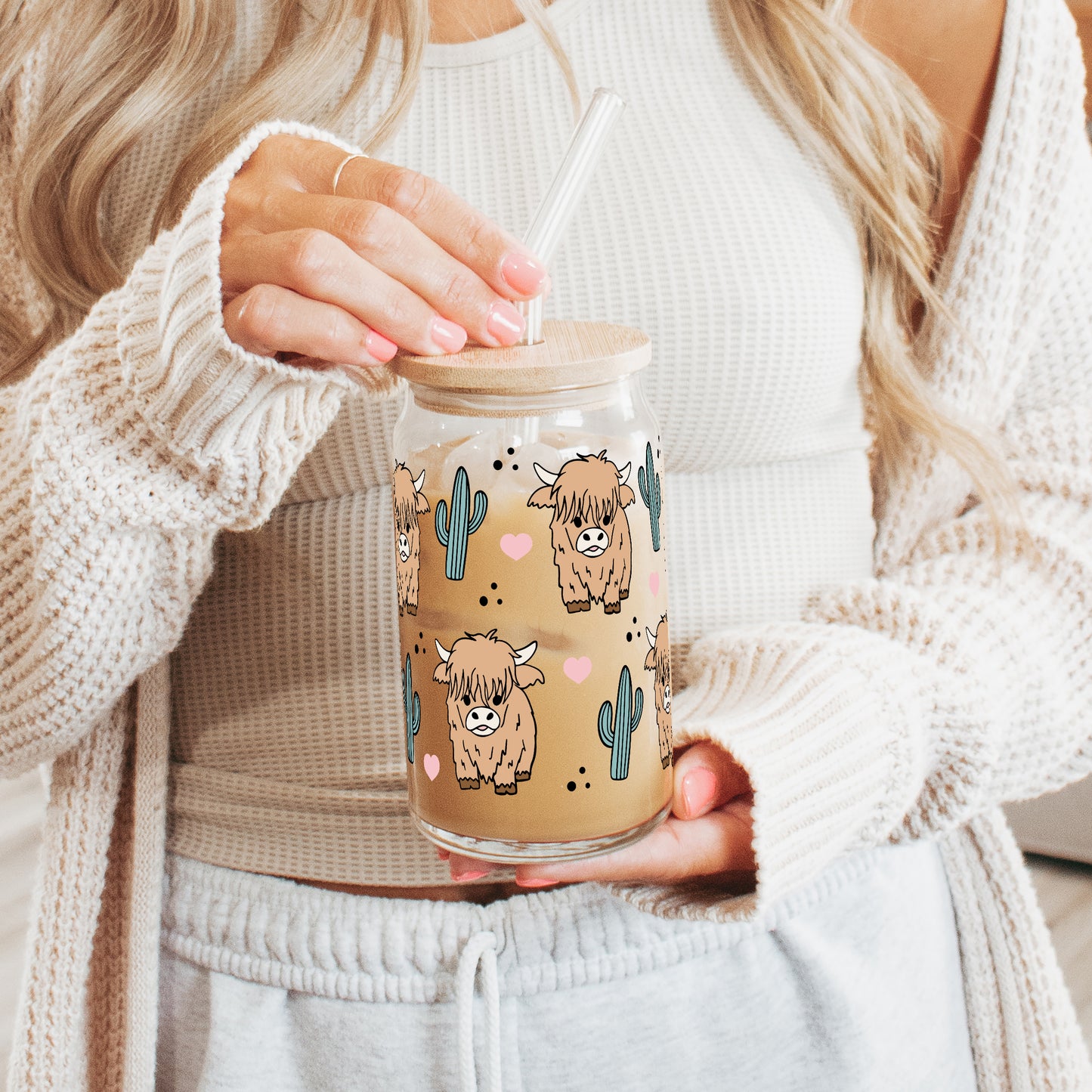 Fluffy Highland Cow With Cacti 16oz Glass Can Cup With Lid and Straw