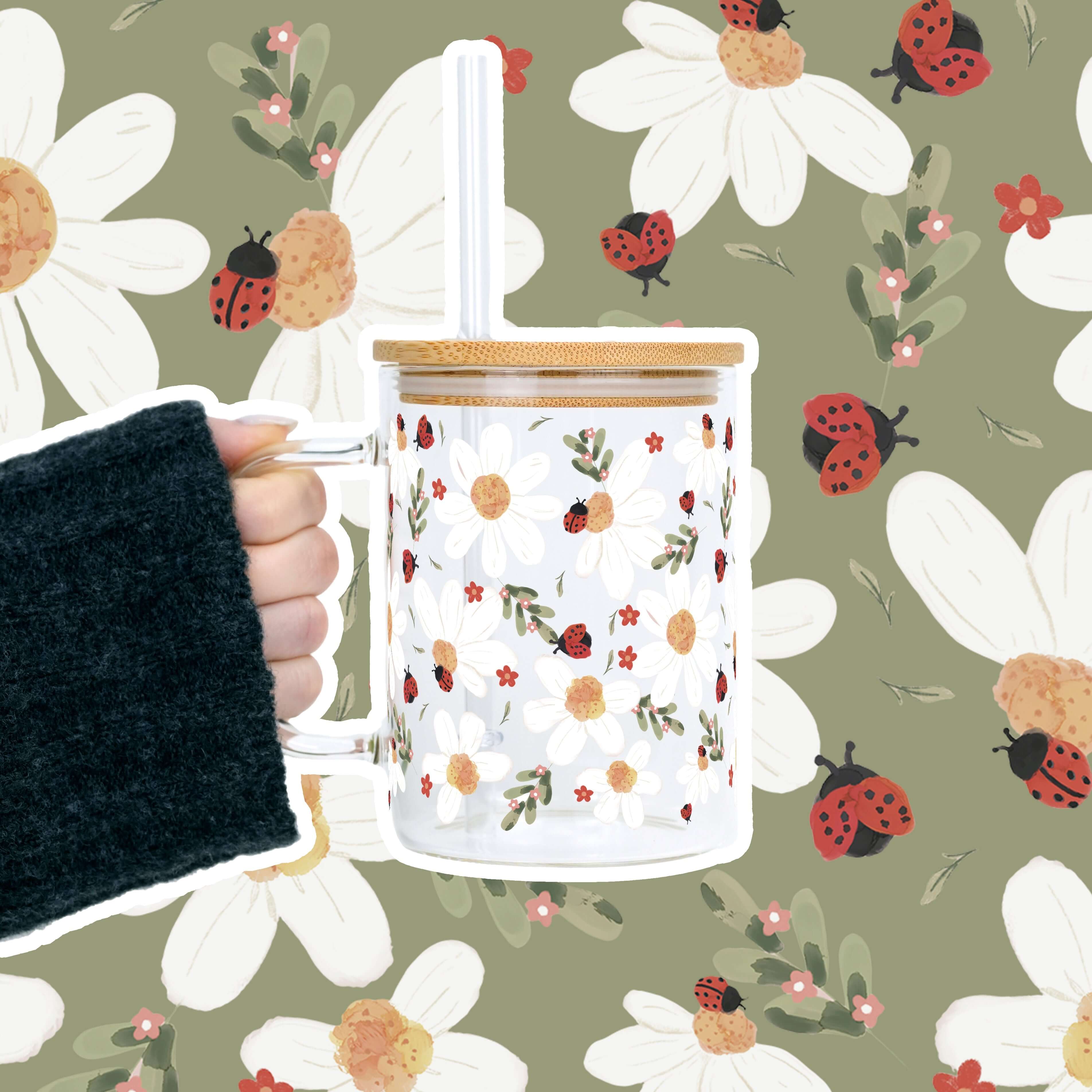 Daisy & Ladybug 17oz Glass Mug With Lid and Straw