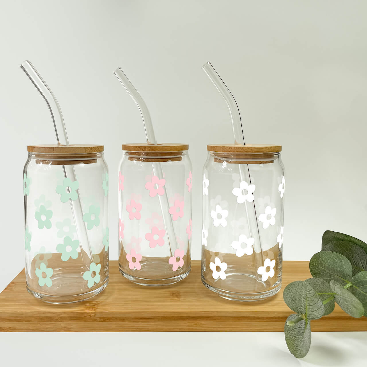 Cute Daisy 16oz Glass Can Cup With Lid and Straw