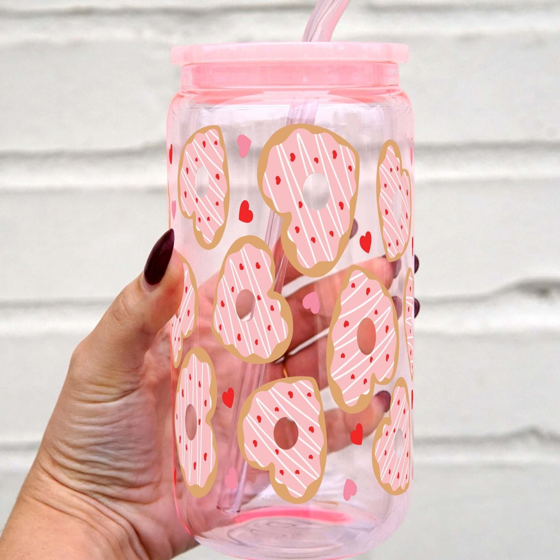 Donut Hearts Glass Can Cup with Lid and Straw from Sip Sip Hooray – Tumblers