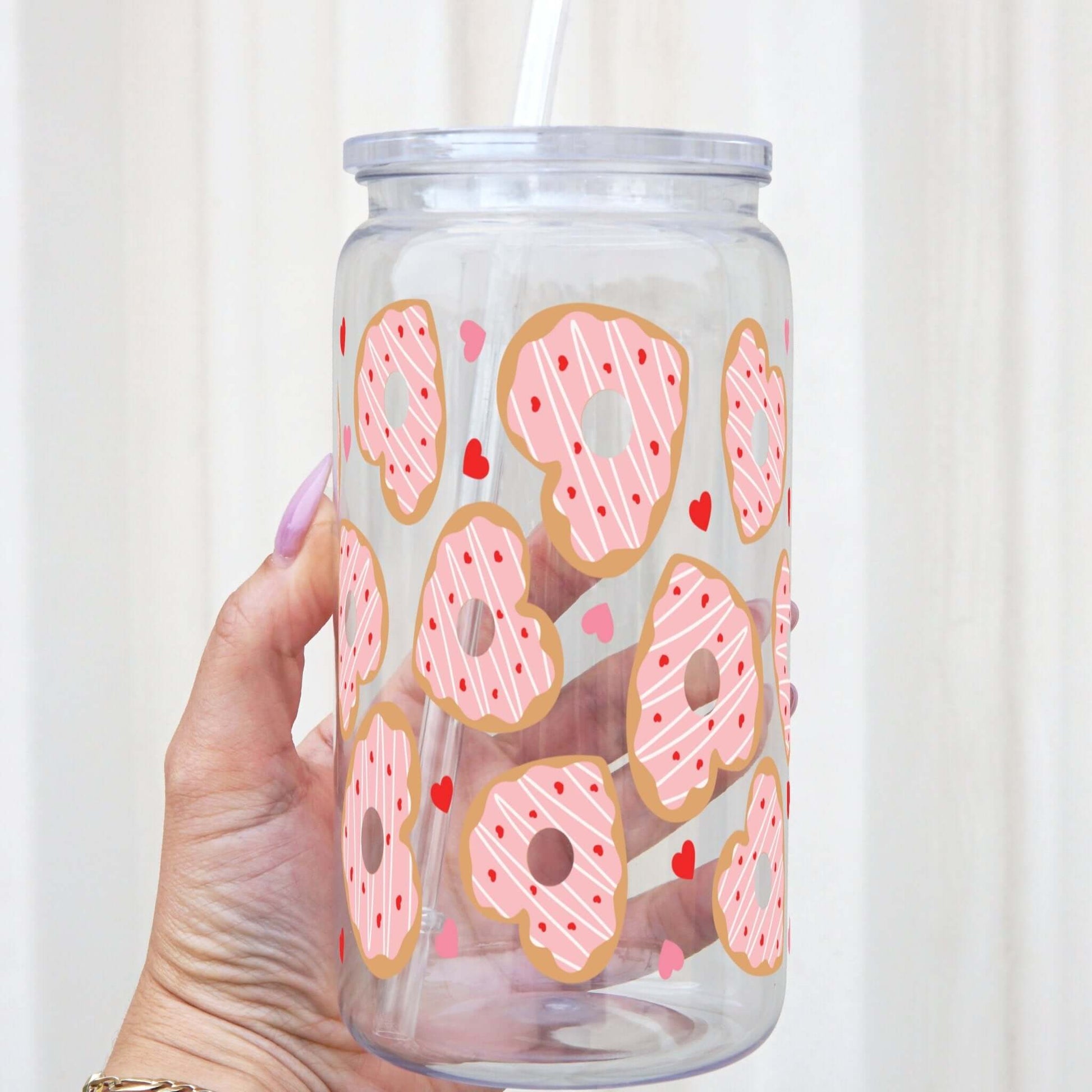Donut Hearts Glass Can Cup with Lid and Straw from Sip Sip Hooray – Tumblers
