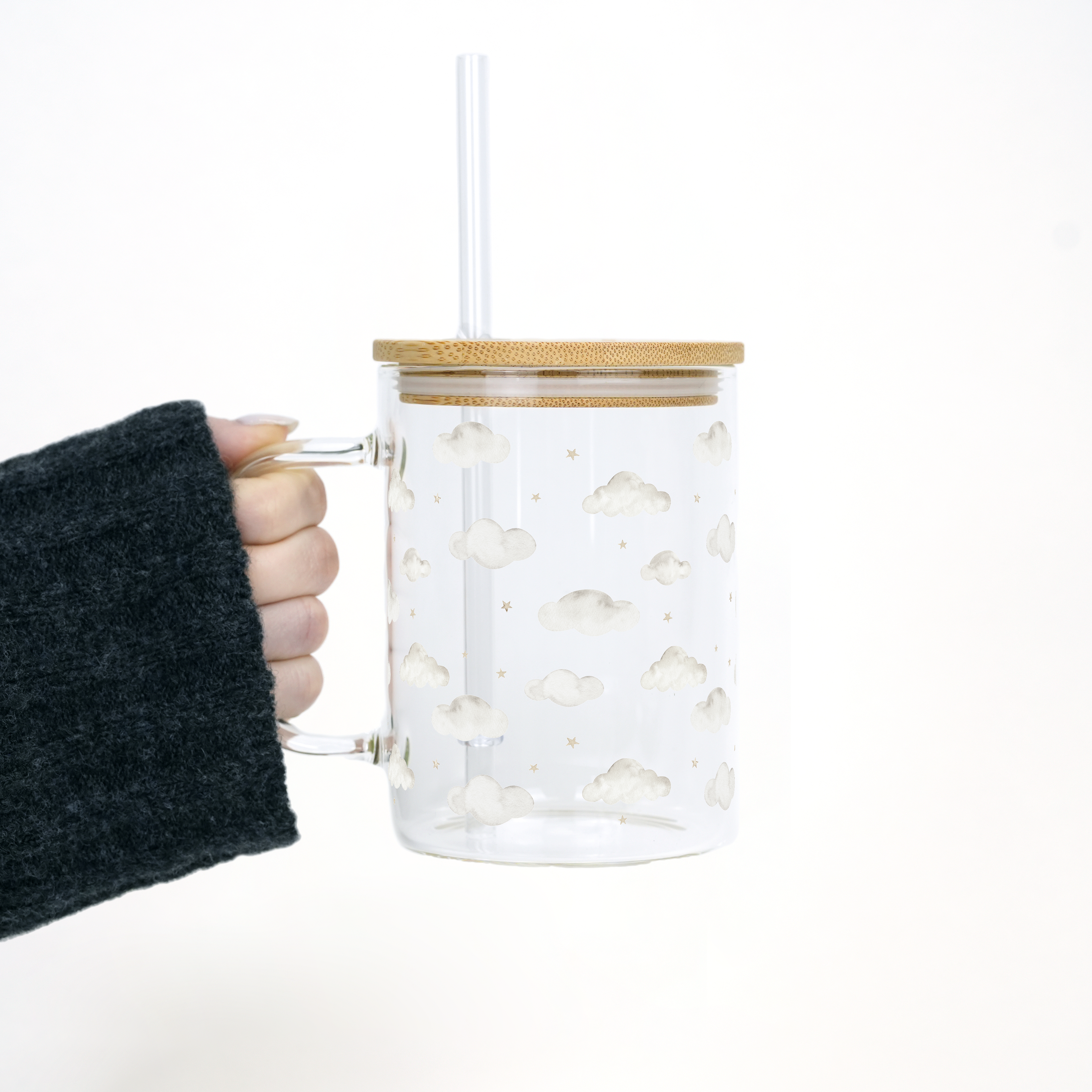 Dreamy Clouds 17oz Glass Mug With Lid and Straw