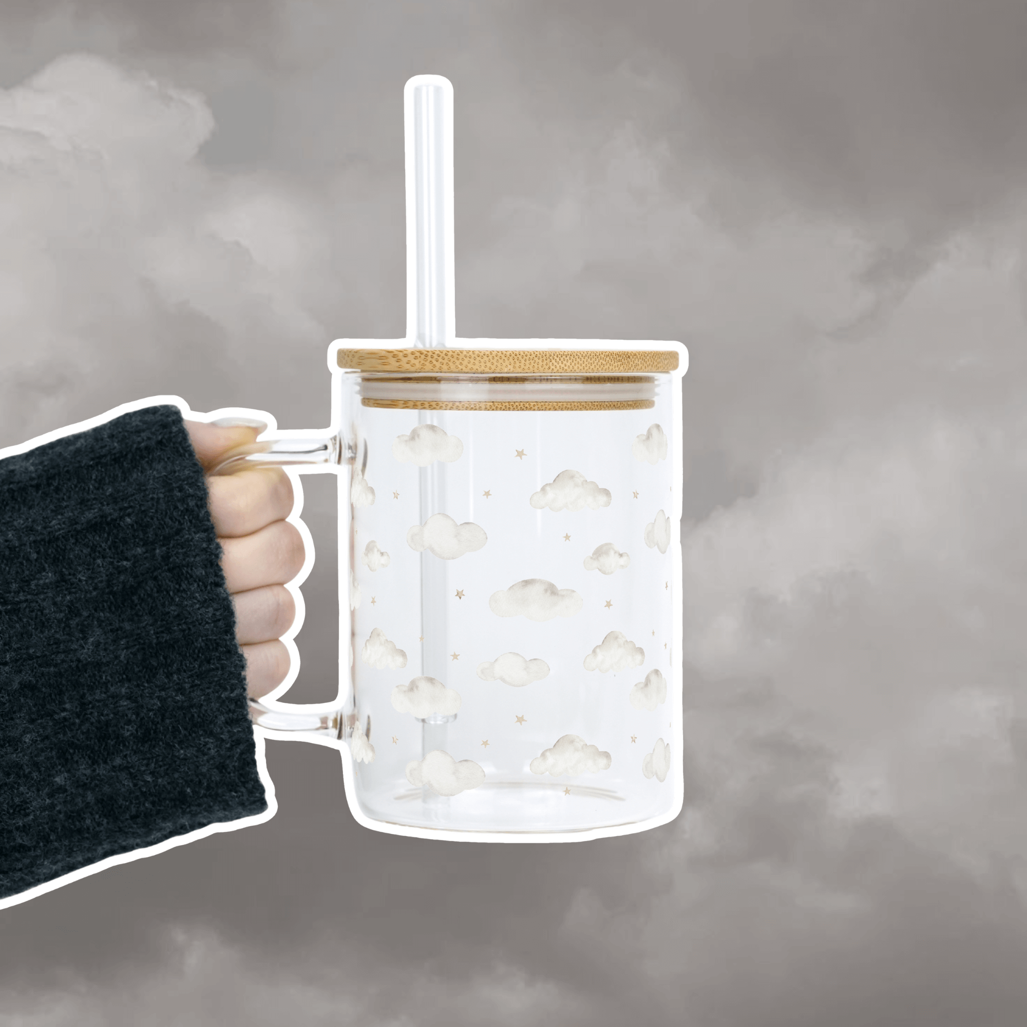 Dreamy Clouds 17oz Glass Mug With Lid and Straw