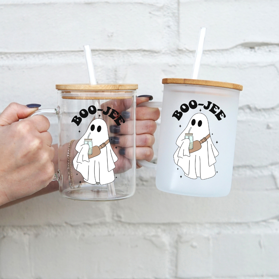 Boo-Jee Ghost 17oz Glass Mug With Lid and Straw