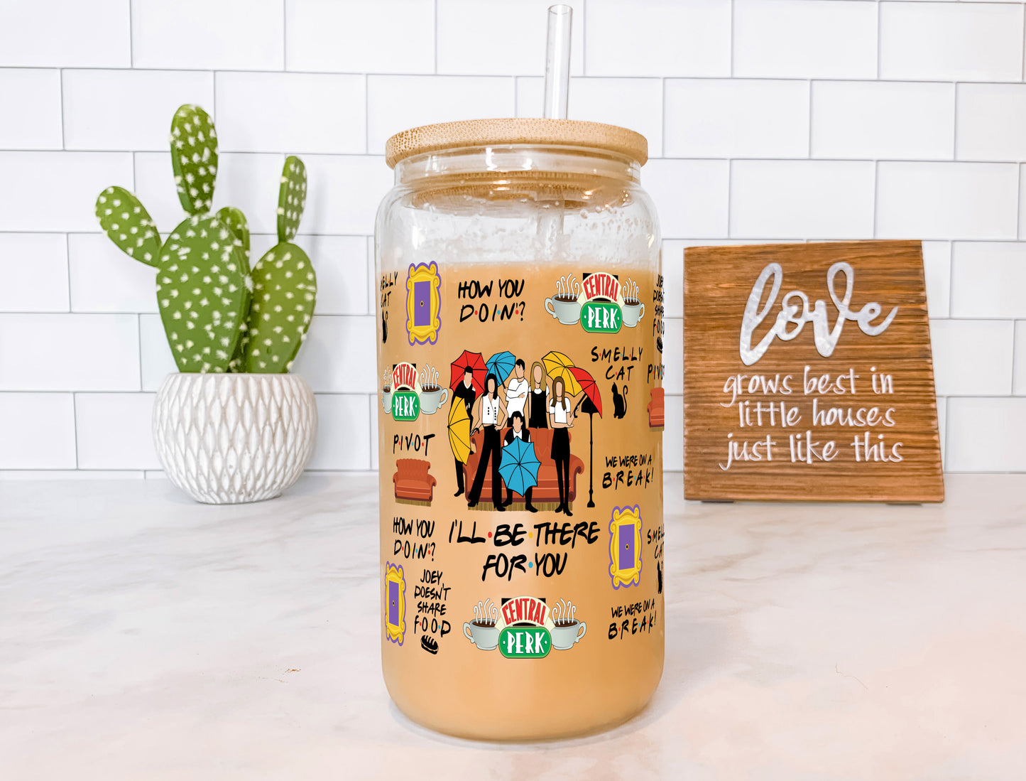 16oz Friends TV Show Themed Glass Can Cup with Lid and Straw