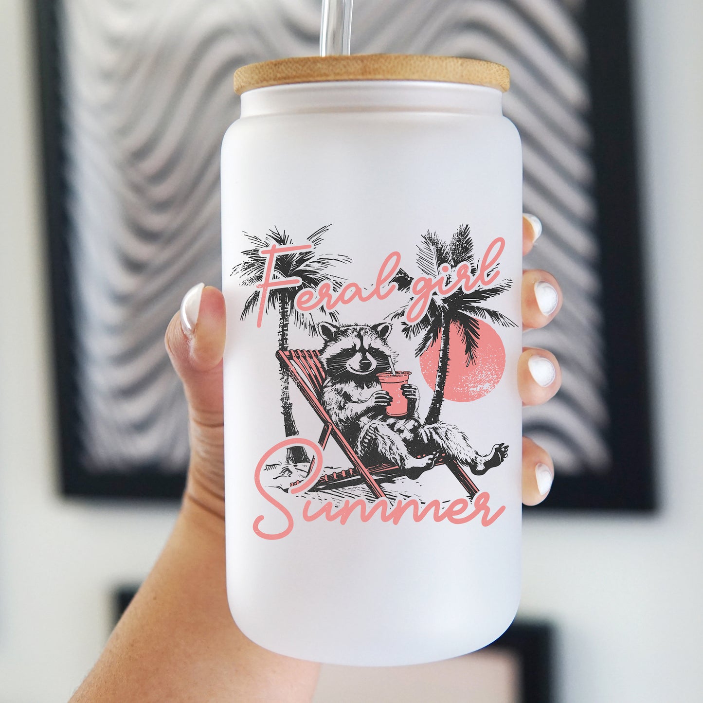 Feral Girl Summer 16oz Glass Can Cup With Lid and Straw