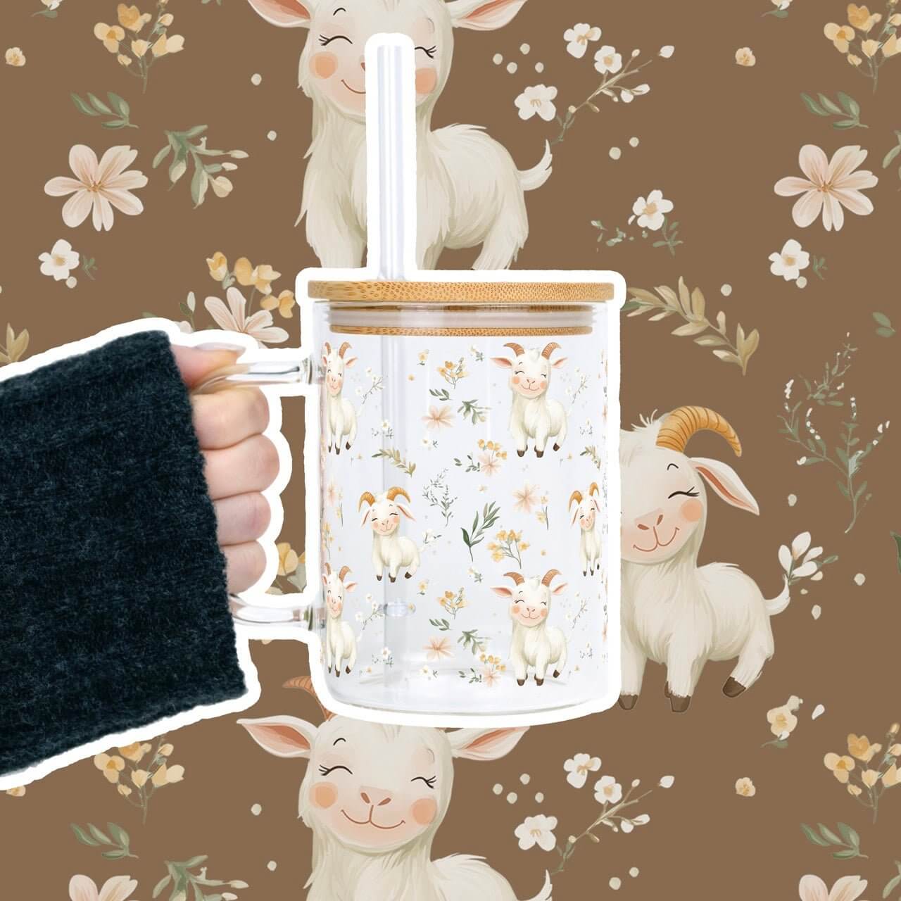 Floral Cute Goats 17oz Mug With Lid and Straw