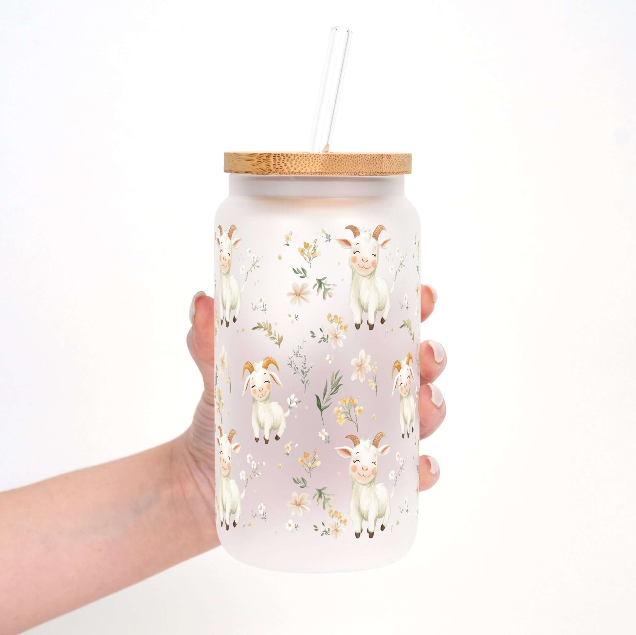 Floral Cute Goats Cup With Lid and Straw