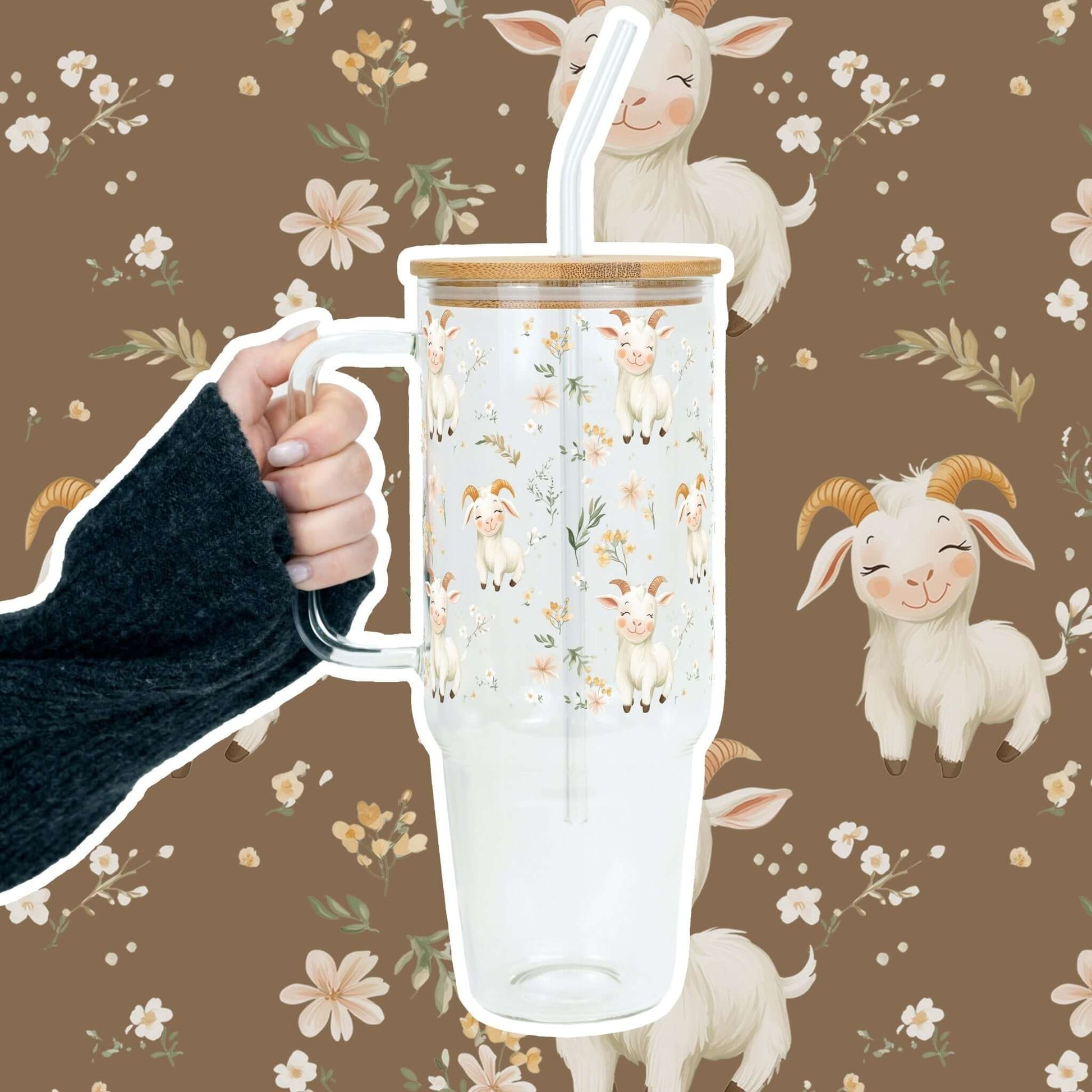Floral Cute Goats Tumbler With Handle Lid and Straw from Sip Sip Hooray – Tumblers