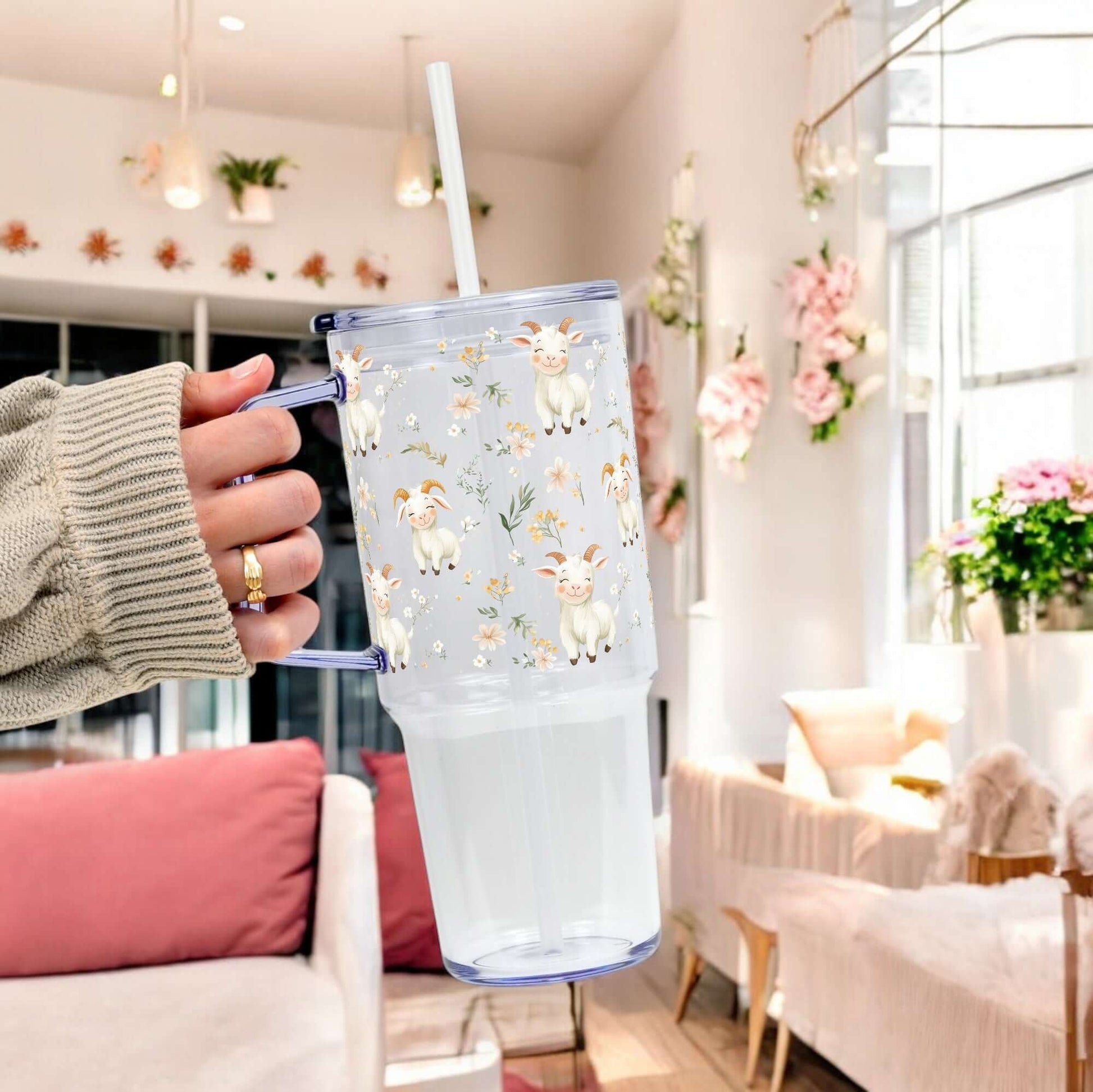 Floral Cute Goats Tumbler With Handle Lid and Straw from Sip Sip Hooray – Tumblers