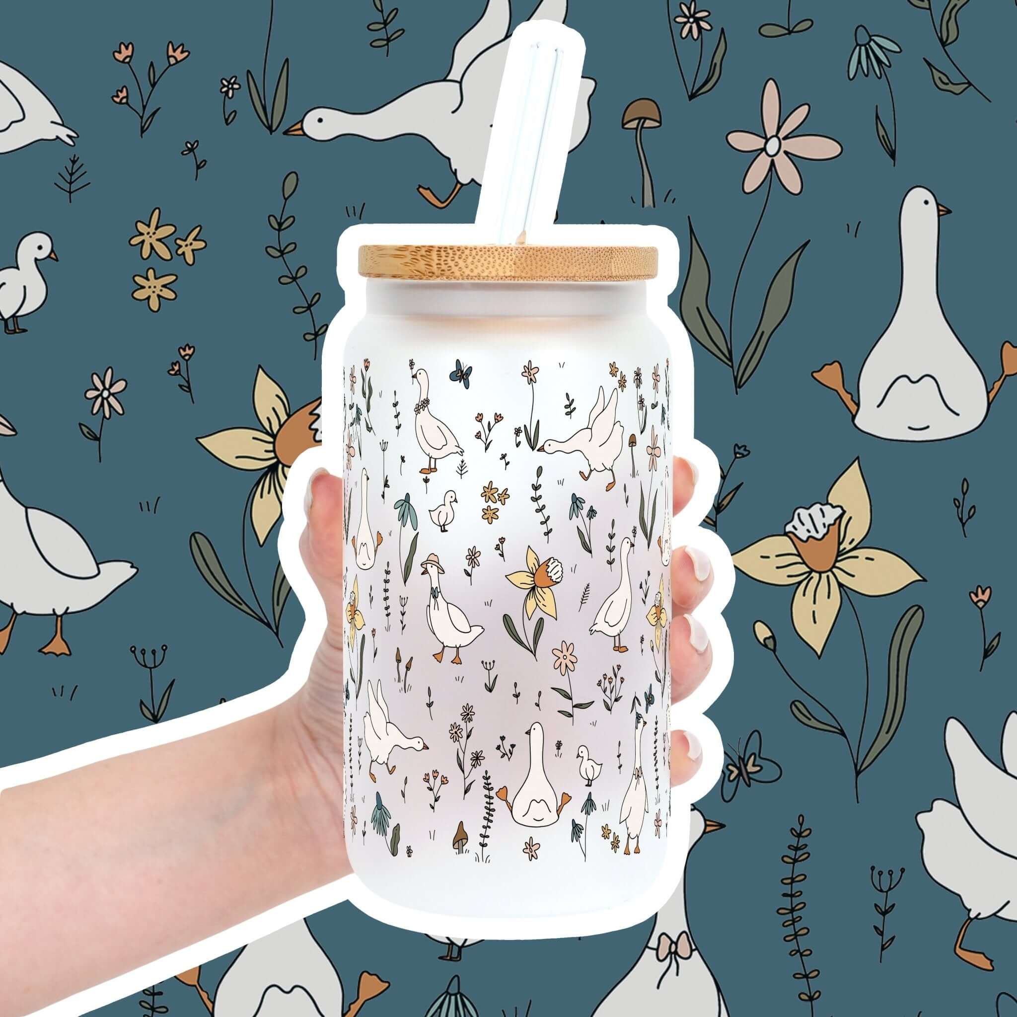 Floral Geese Cup With Lid and Straw