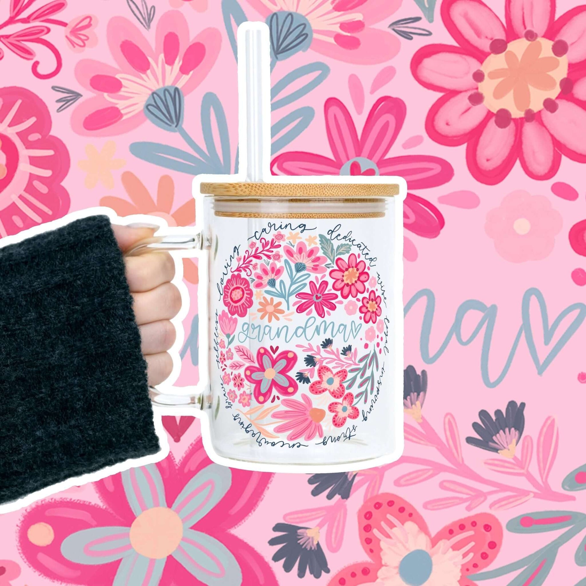 Floral Grandma 17oz Glass Mug With Lid and Straw from Sip Sip Hooray – Mugs