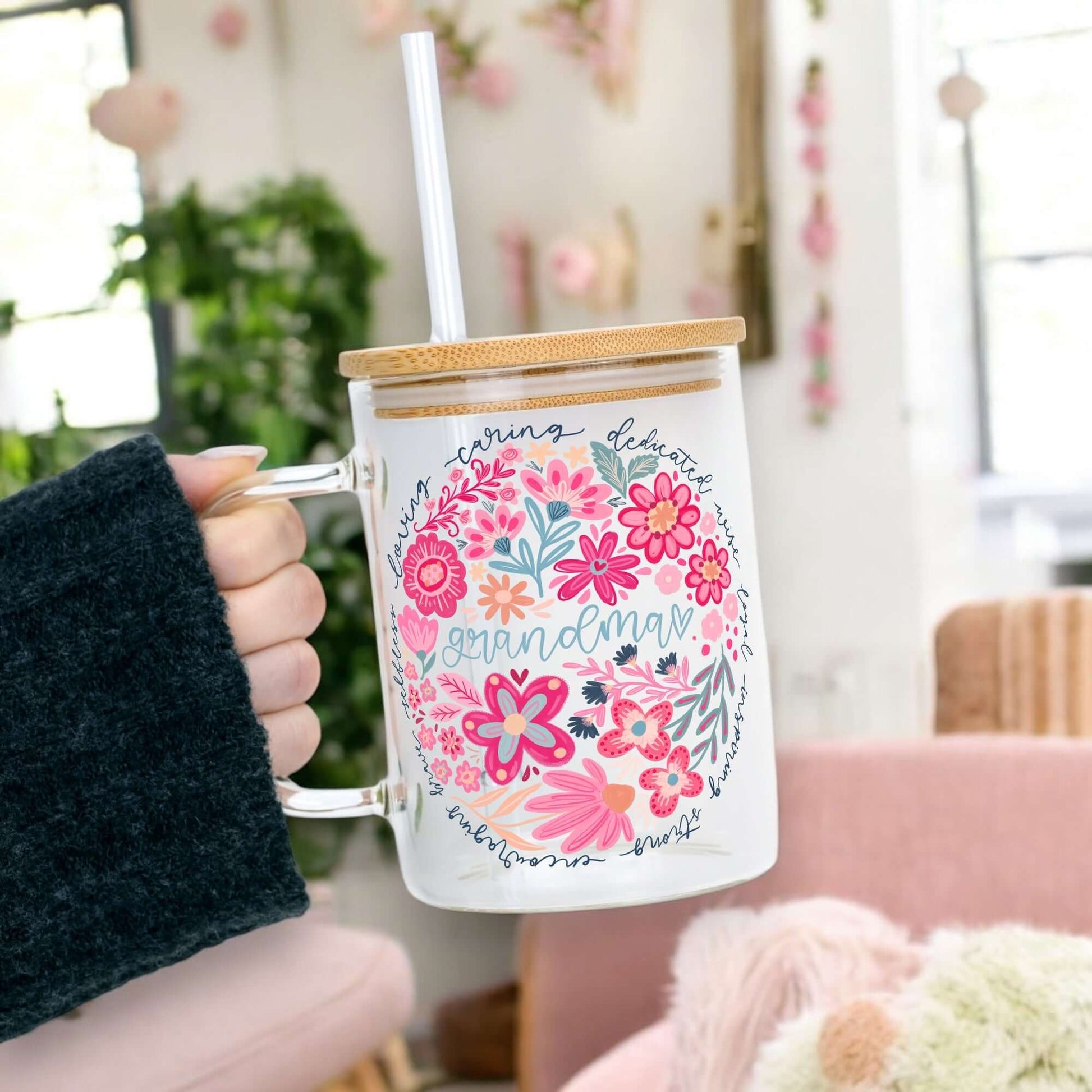 Floral Grandma 17oz Glass Mug With Lid and Straw from Sip Sip Hooray – Mugs