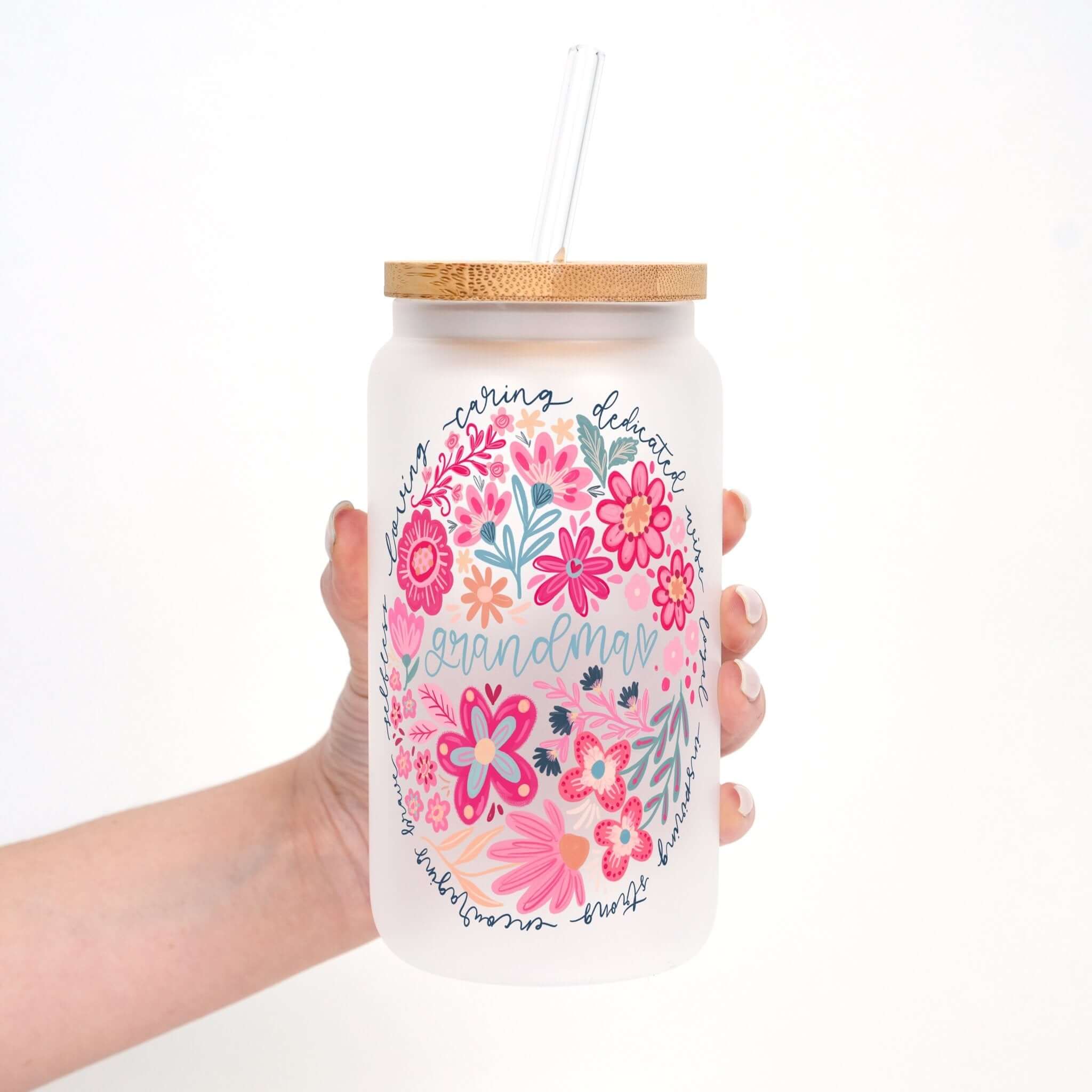 Floral Grandma Cup With Lid And Straw