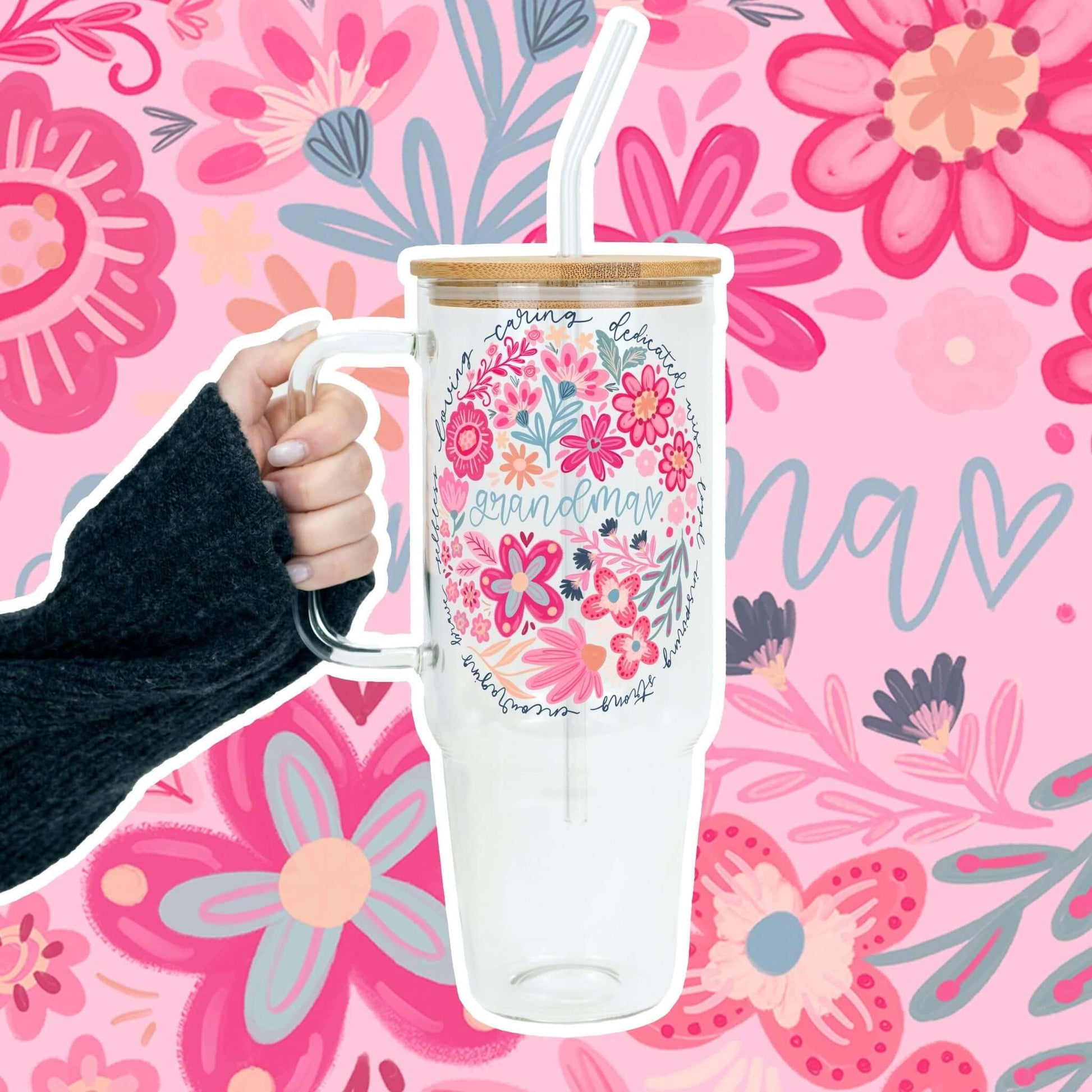 Floral Grandma 40oz Tumbler With Handle Lid and Straw from Sip Sip Hooray – Drinkware