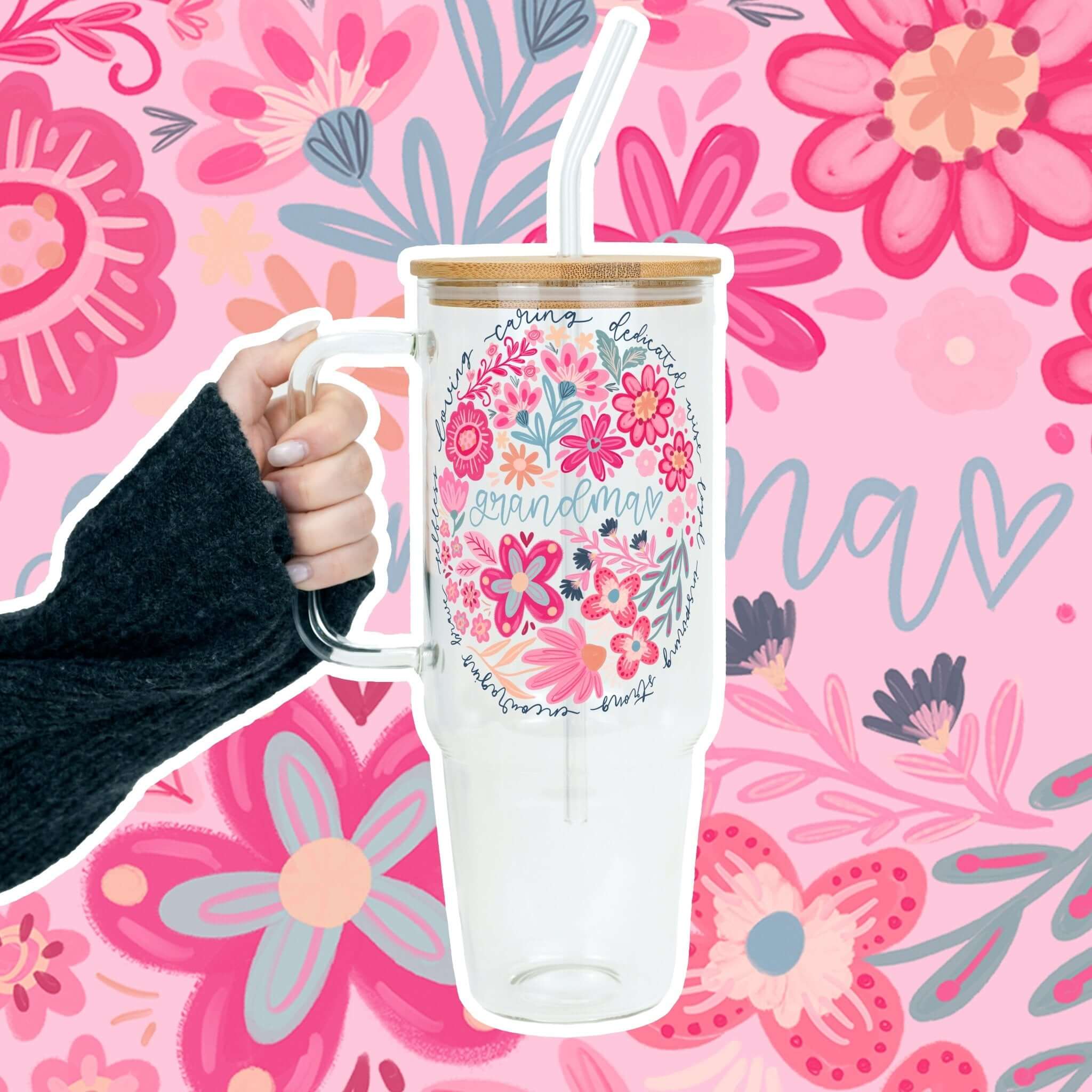 Floral Grandma Tumbler With Handle Lid and Straw