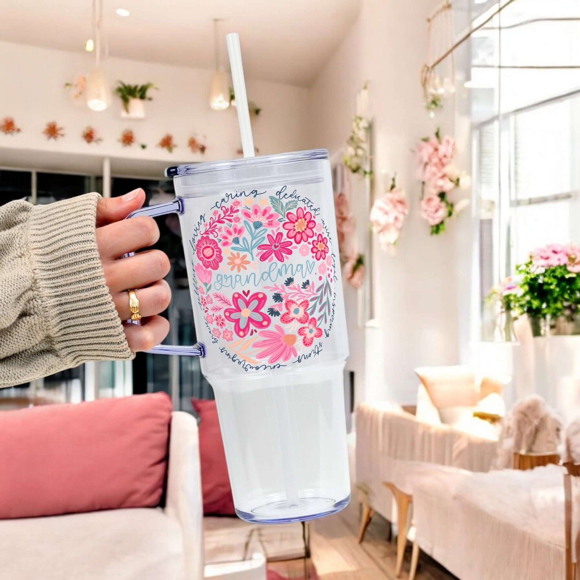 Floral Grandma 40oz Tumbler With Handle Lid and Straw from Sip Sip Hooray – Drinkware