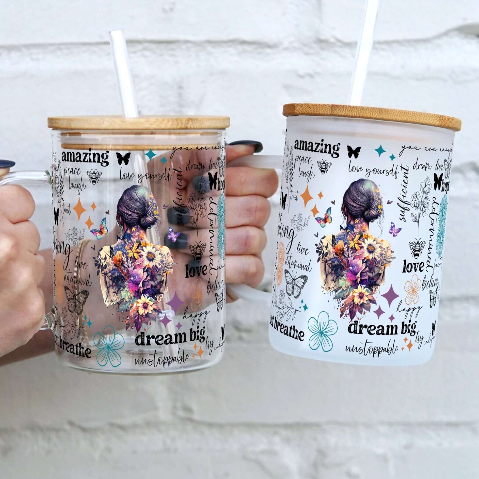 Flower Affirmations 17oz Glass Mug With Lid and Straw from Sip Sip Hooray – Drinkware