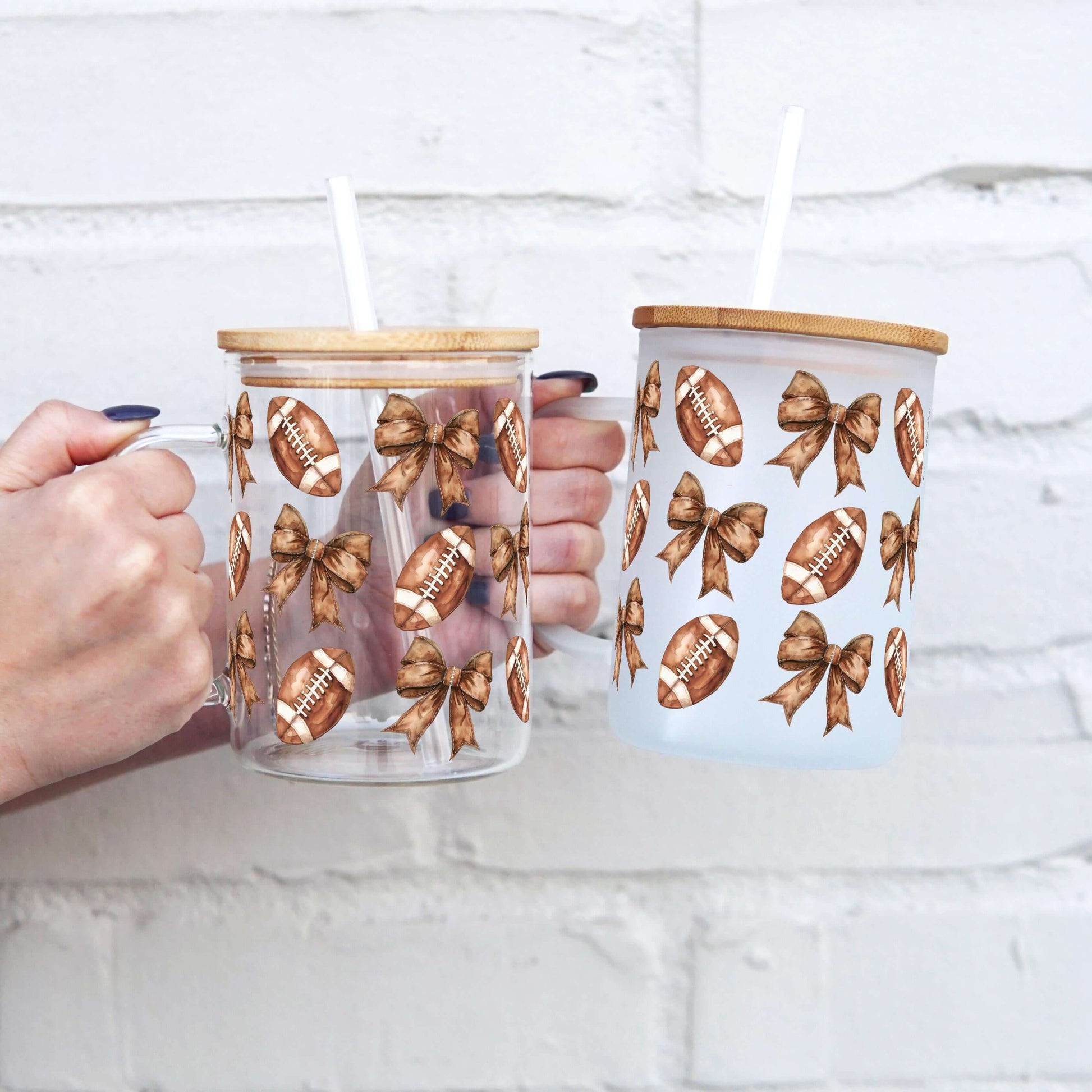 Football + Bows 17oz Glass Mug With Lid and Straw from Sip Sip Hooray – Mugs