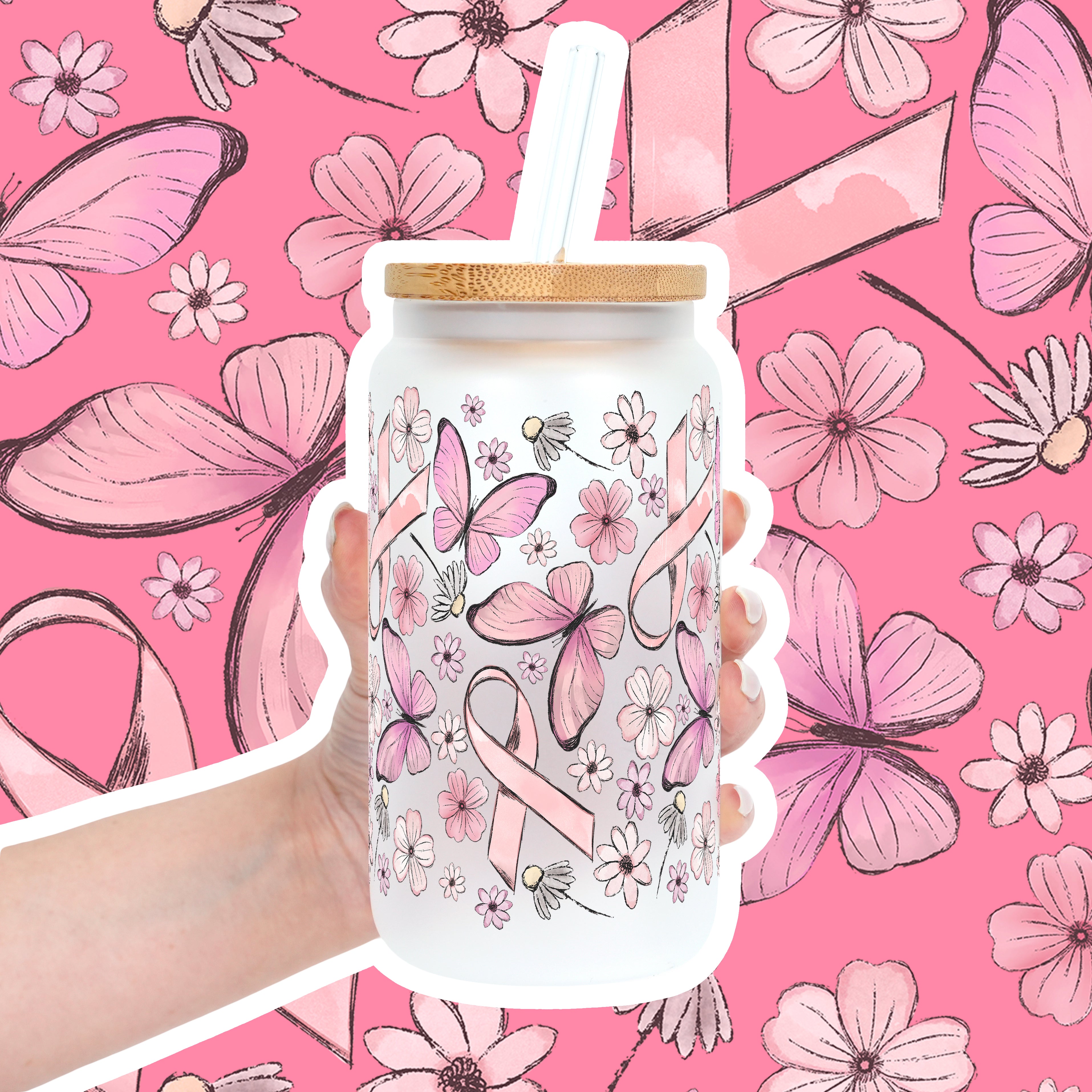Pink Ribbon Cup With Lid and Straw