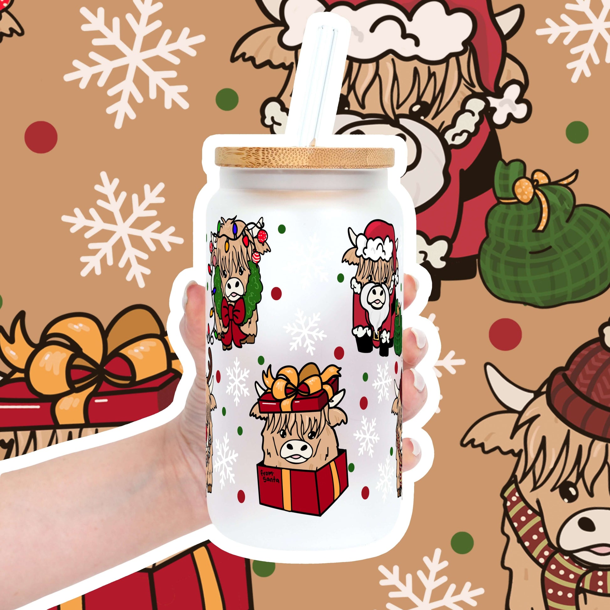 Highland Holiday 16oz Christmas Glass Can Cup Lid & Straw | Sip Sip Hooray