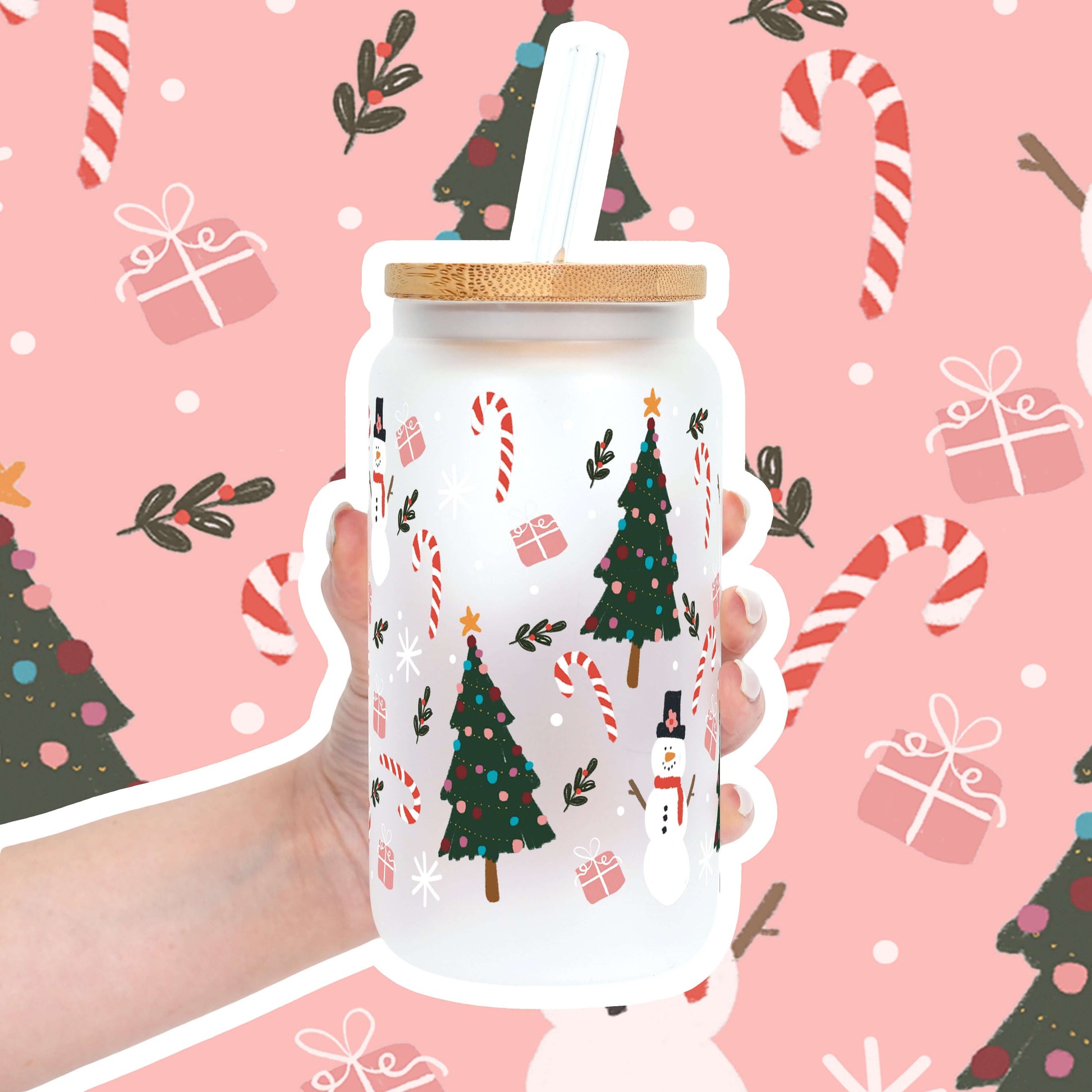 Jolly Little Christmas 16oz Glass Can Cup with Lid & Straw | Sip Sip Hooray