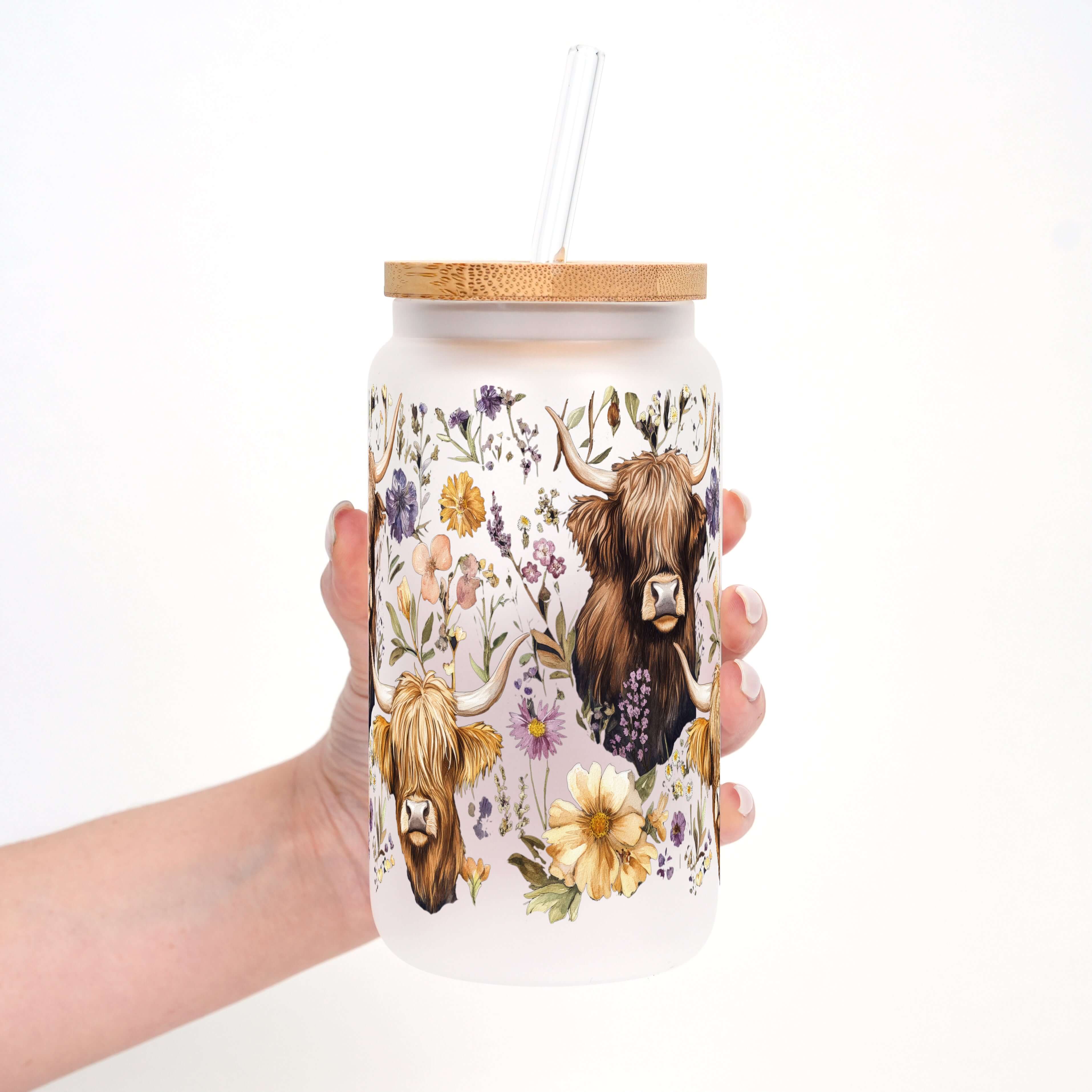 Wildflower Highland Cow With Lid and Straw