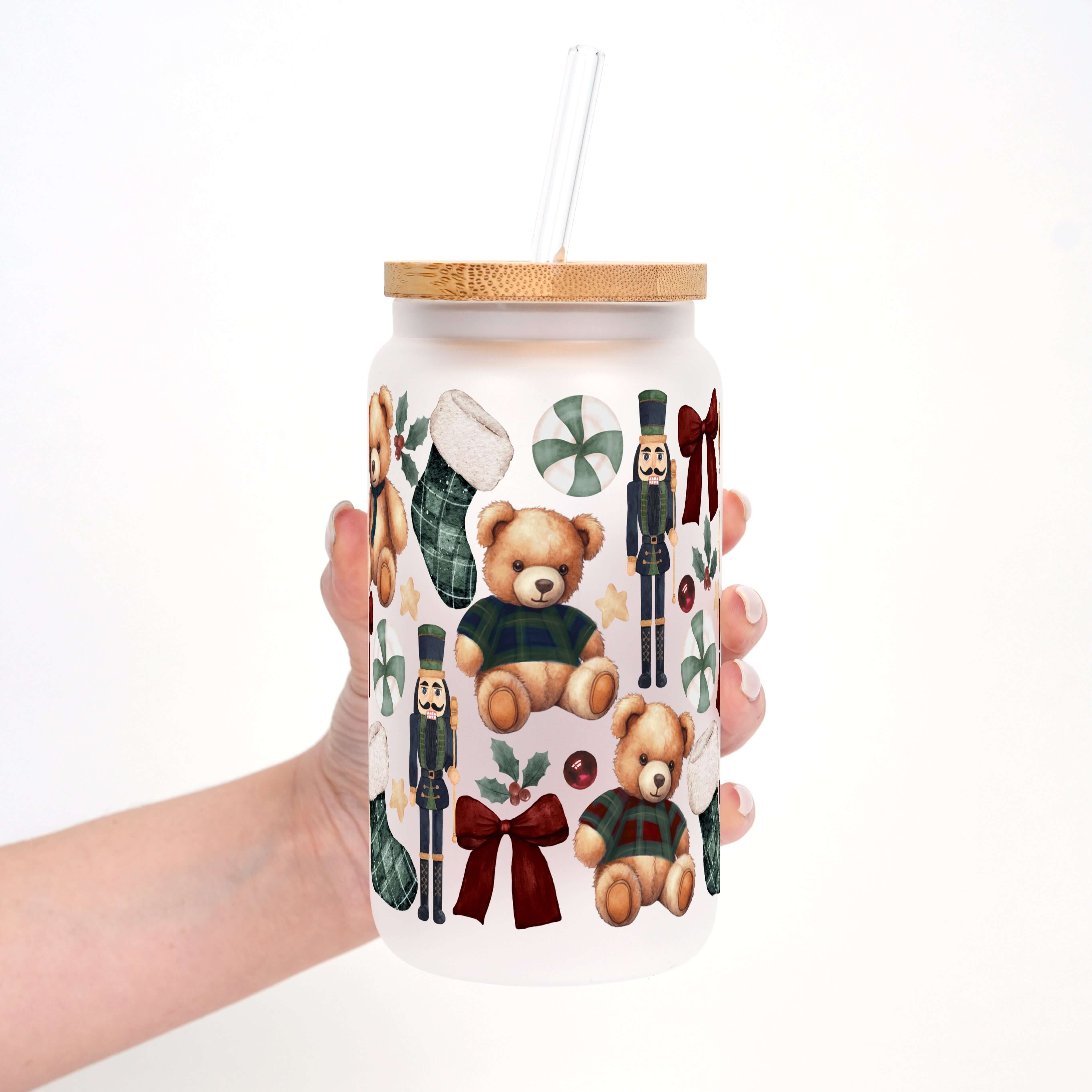 Plaid Teddy Christmas Cup with Lid & Straw