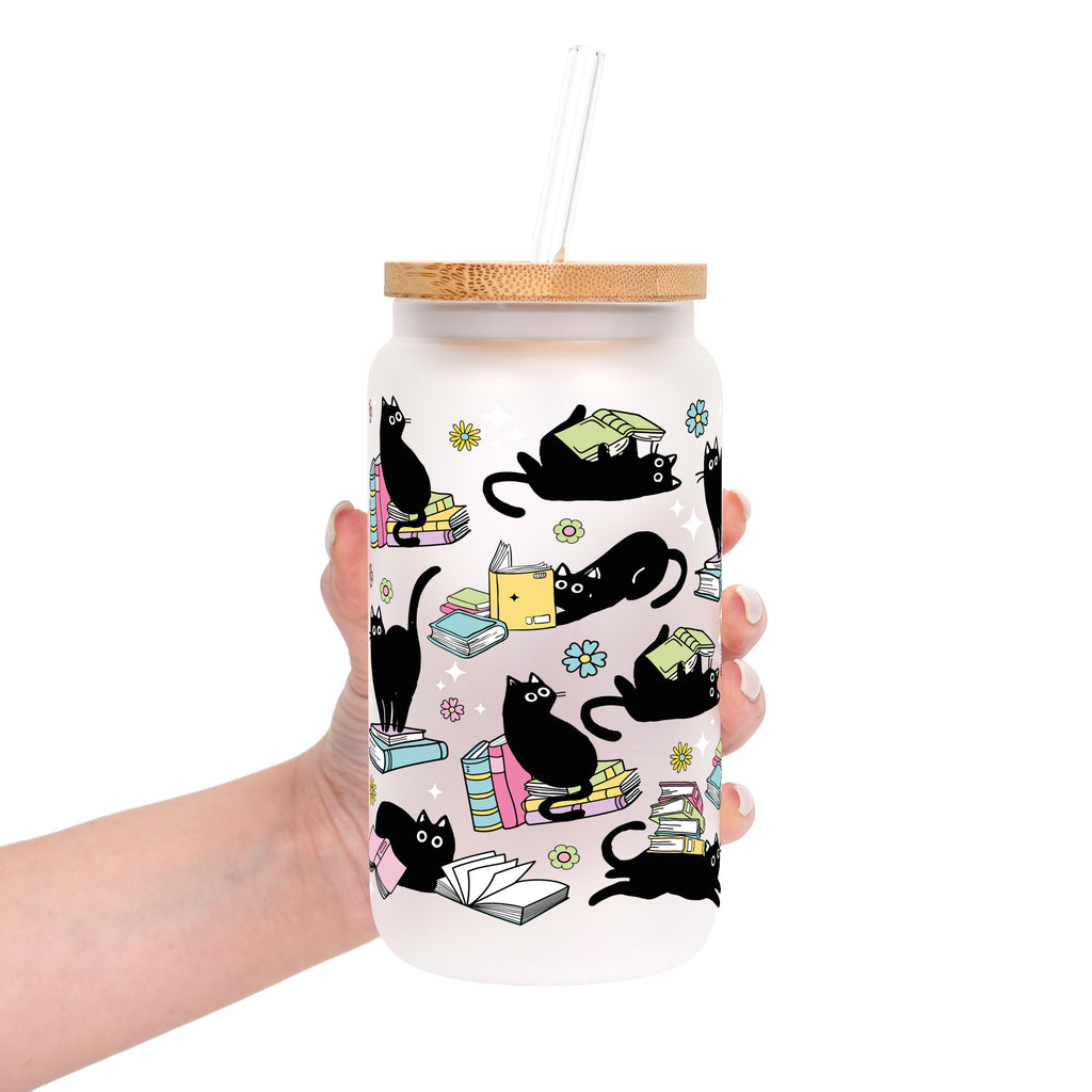 Black Cats on Books Glass Cup, Mug & Tumbler with Lid and Straw