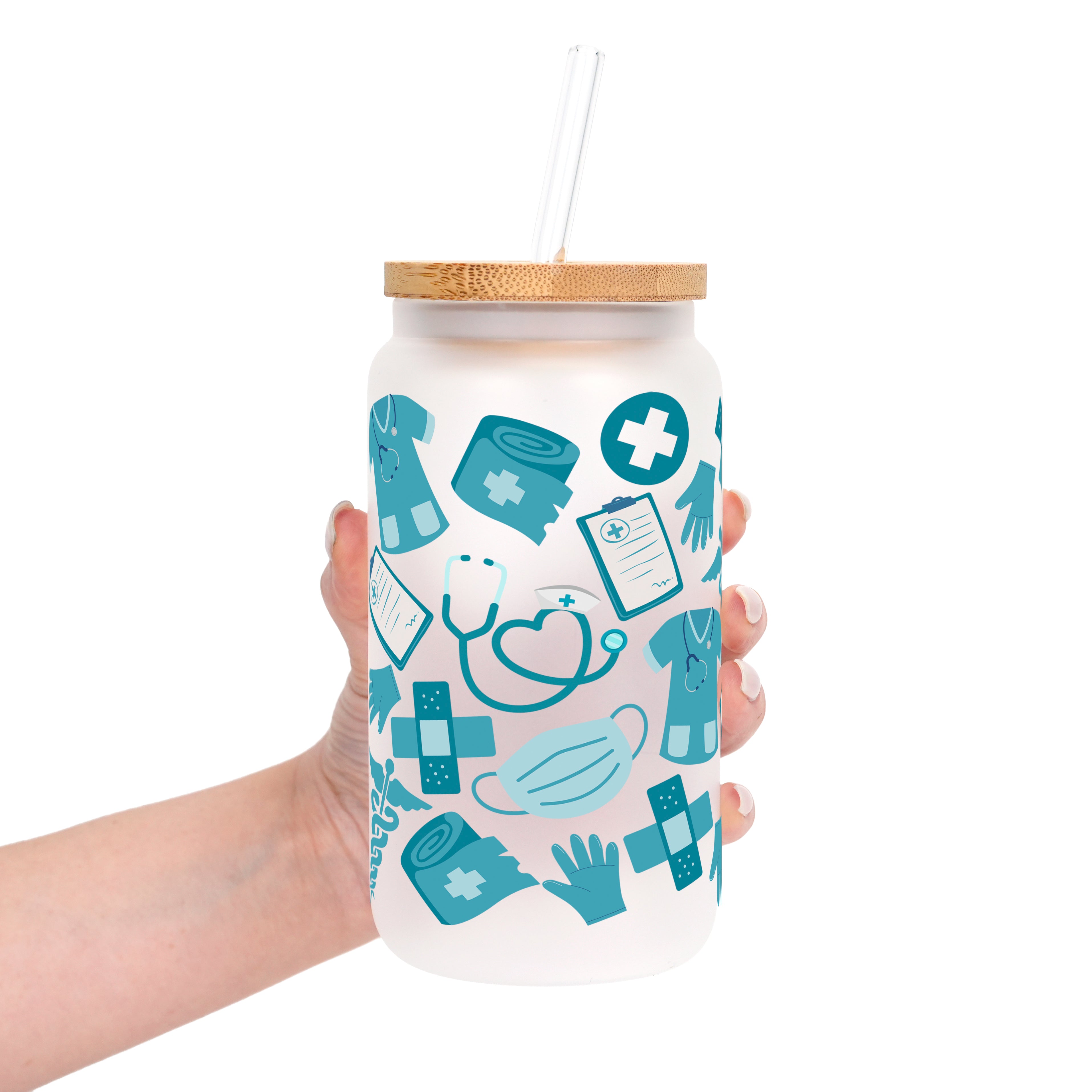 Blue Medical Glass Cup, Mug & Tumbler with Lid and Straw